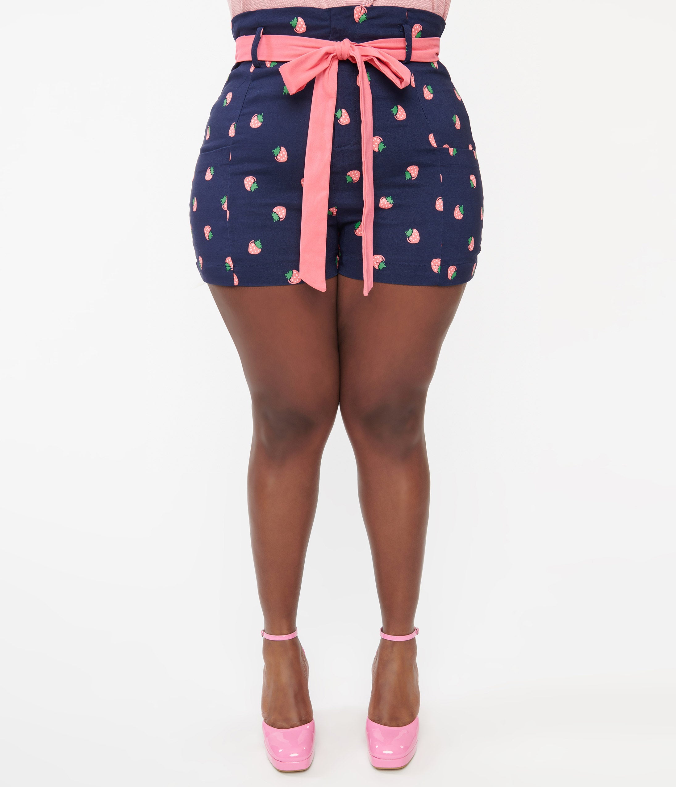 Unique Vintage Plus Size Navy & Pink Strawberry Stamp Tied & True Shorts