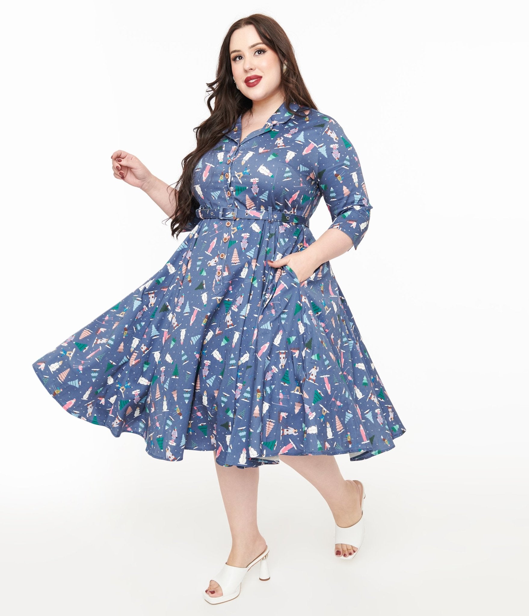 Royal Monk Plus Size 1940s Blue Ski Snow Season Midi Dress