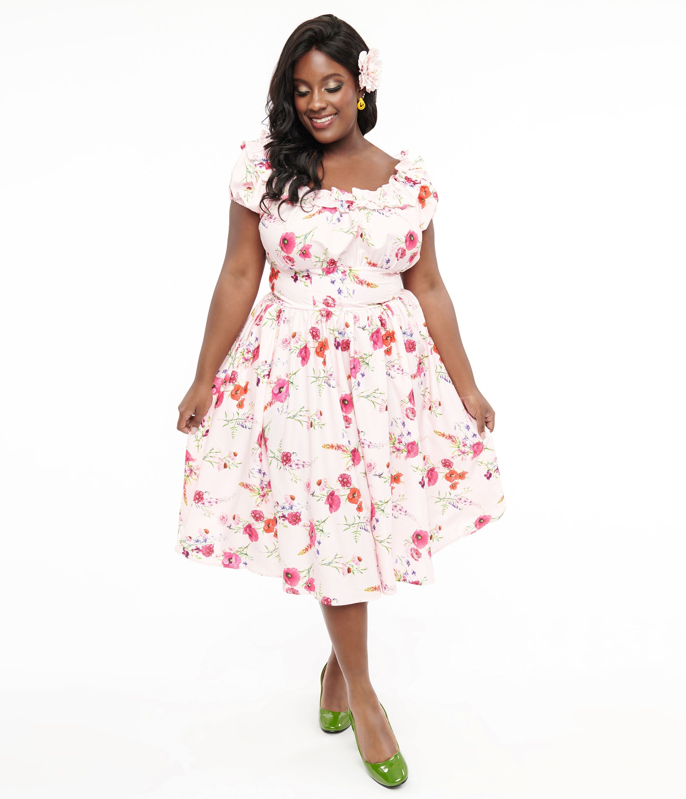 Unique Vintage Plus Size 1950s Pink Floral Off The Shoulder Ruffle Swing Dress