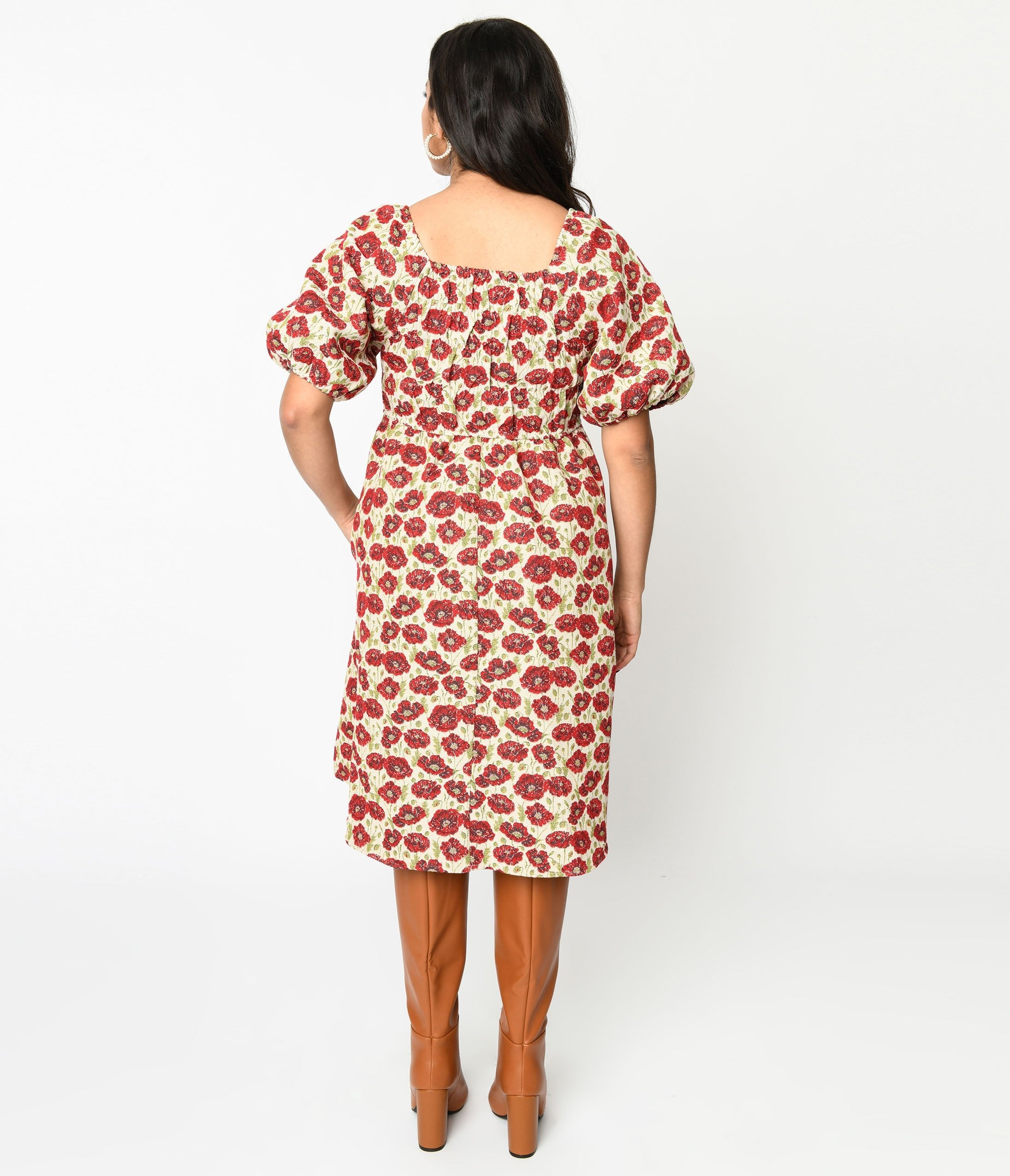 Ivory & Red Floral Kiss Jacquard Fit & Flare Dress