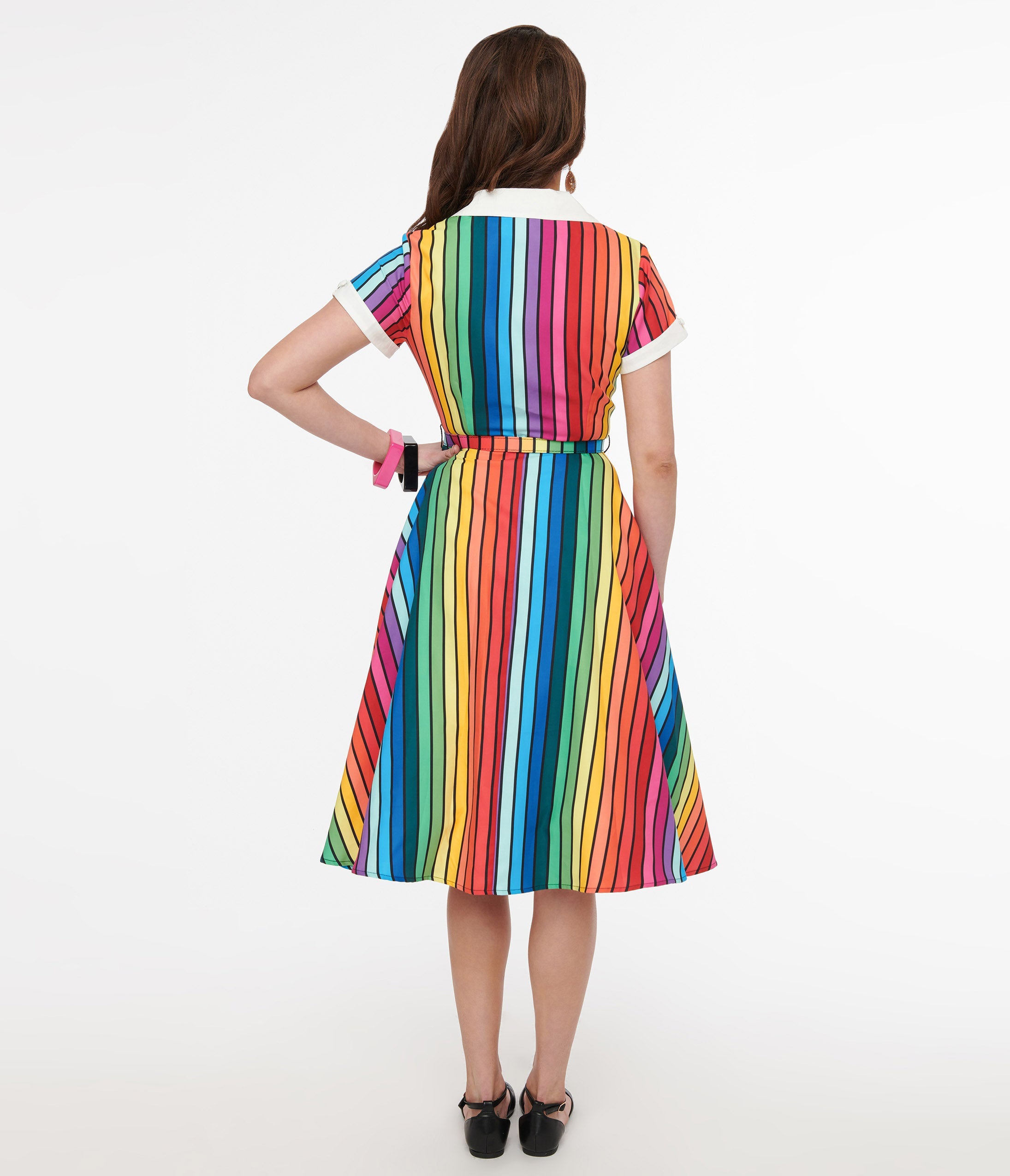 Unique Vintage 1950s Rainbow Stripe Pride Alexis Swing Dress