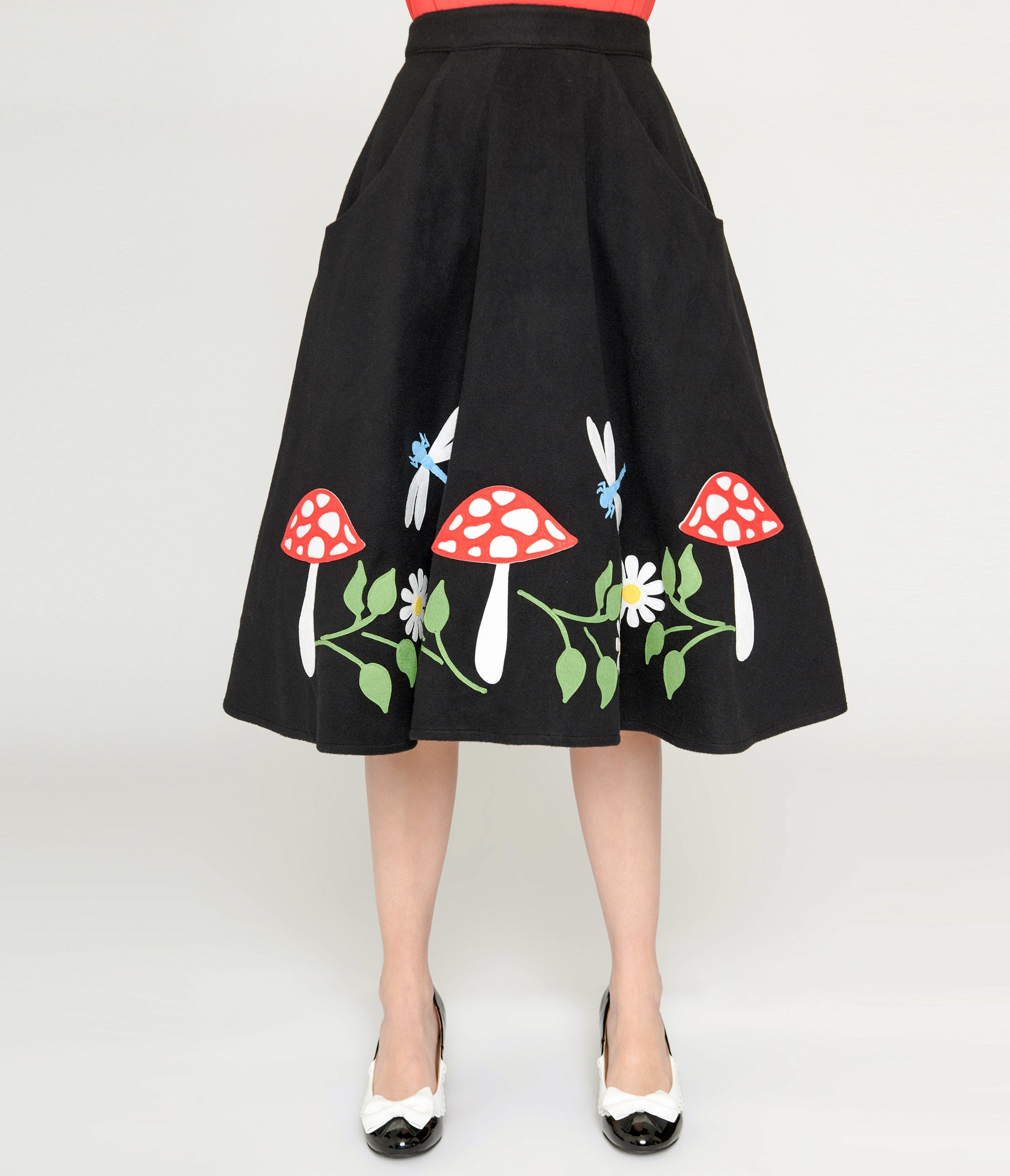 Unique Vintage Black & Mushroom Soda Shop Swing Skirt