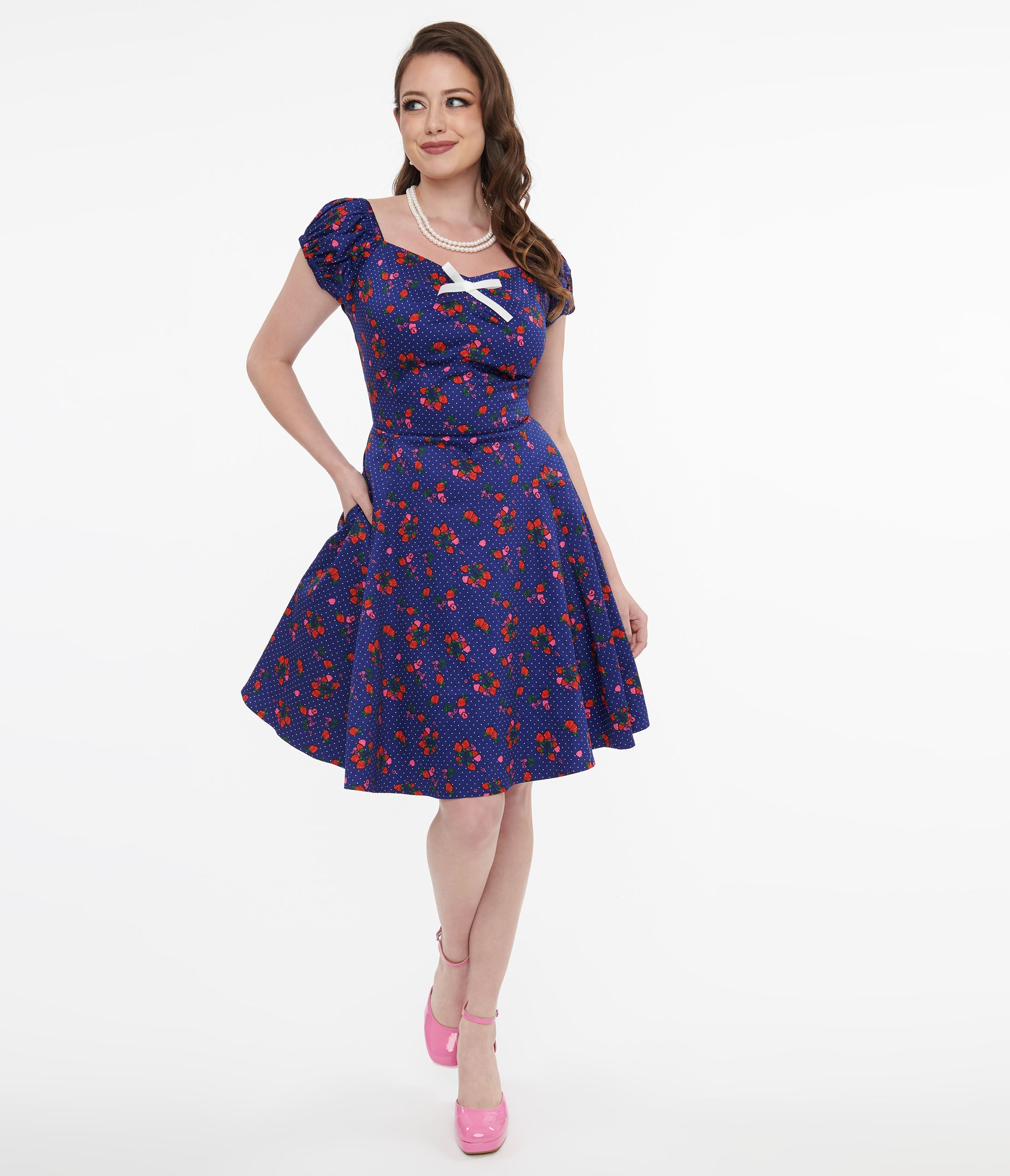 1950s Collectif Blue & Mixed Berries Print Dolores Mini Dress