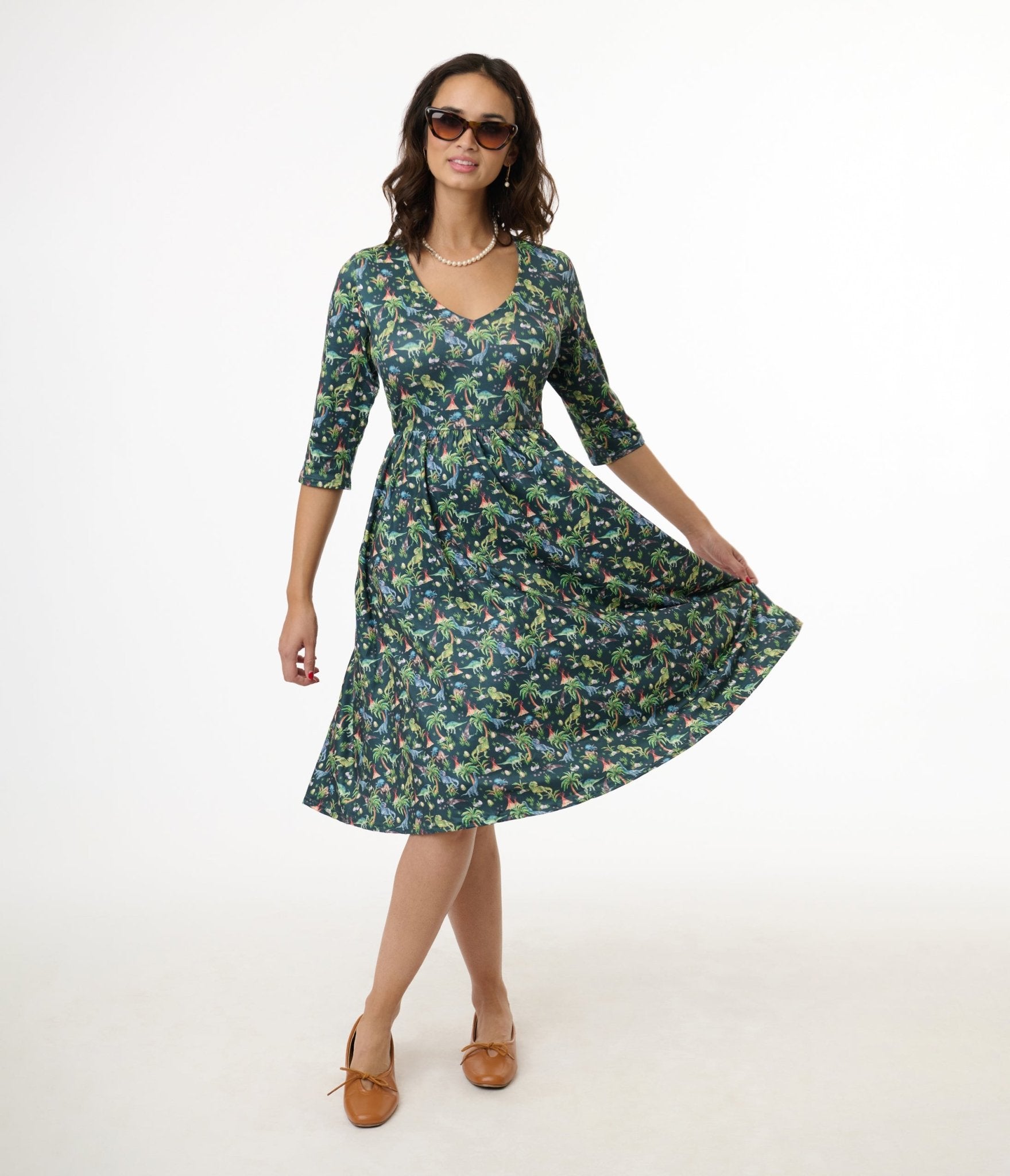 Dolly & Dotty Green Dinosaur Print Billie Swing Dress