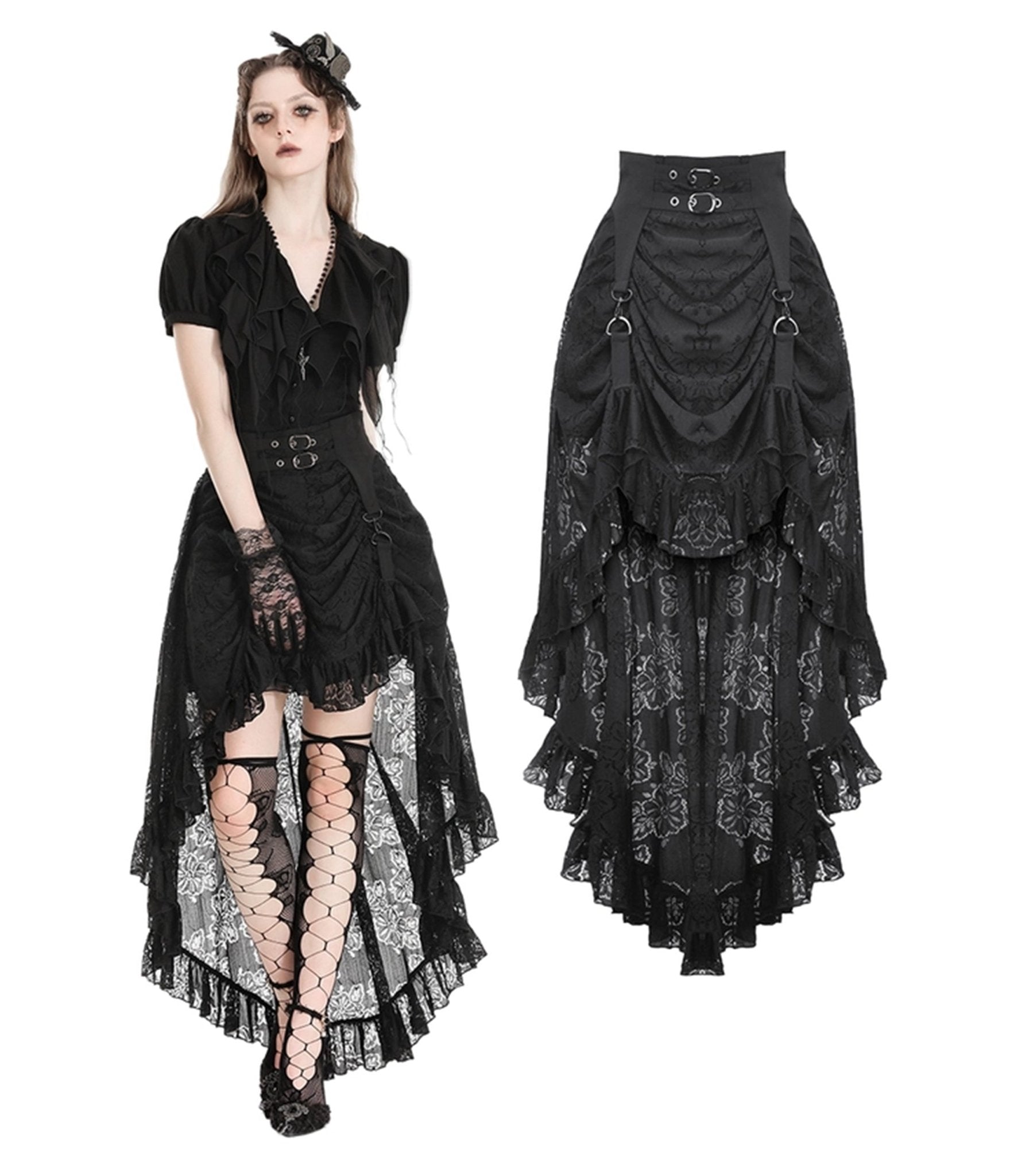 Western Fashion Gothic Princess Black Lace Hi Low Skirt