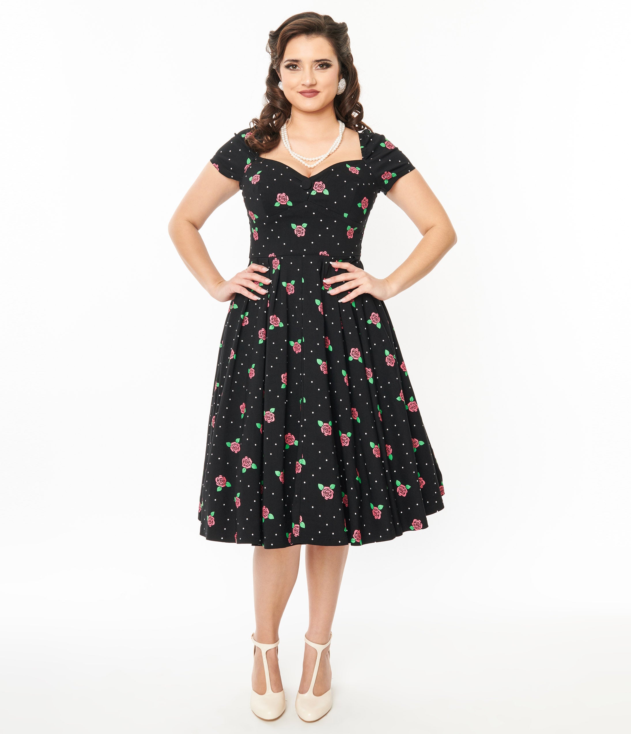 Unique Vintage 1950s Black & Rose Stamp Midge Swing Dress