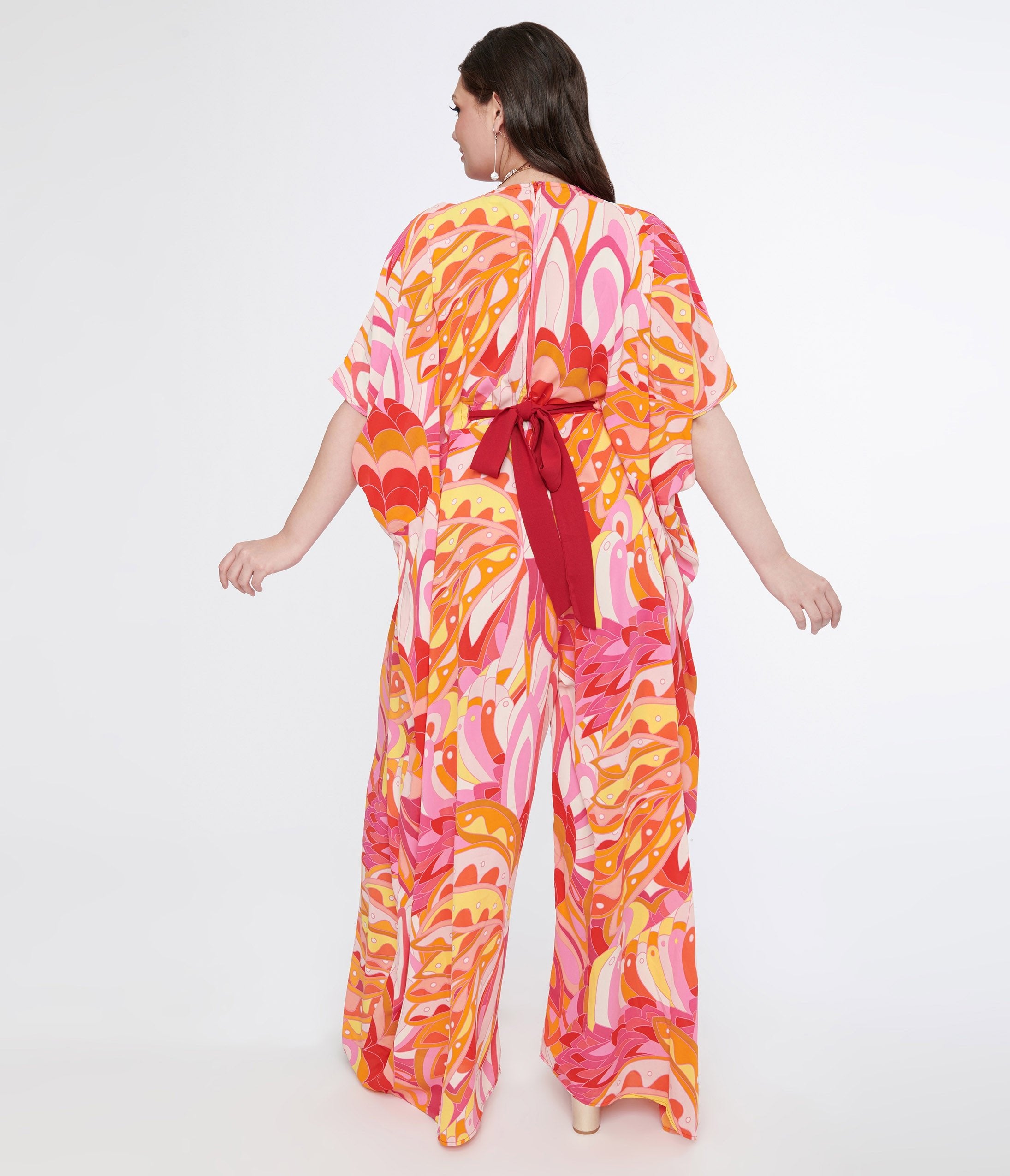 Unique Vintage Plus Size 1970s Pink & Orange Psychedelic Print Caftan Jumpsuit