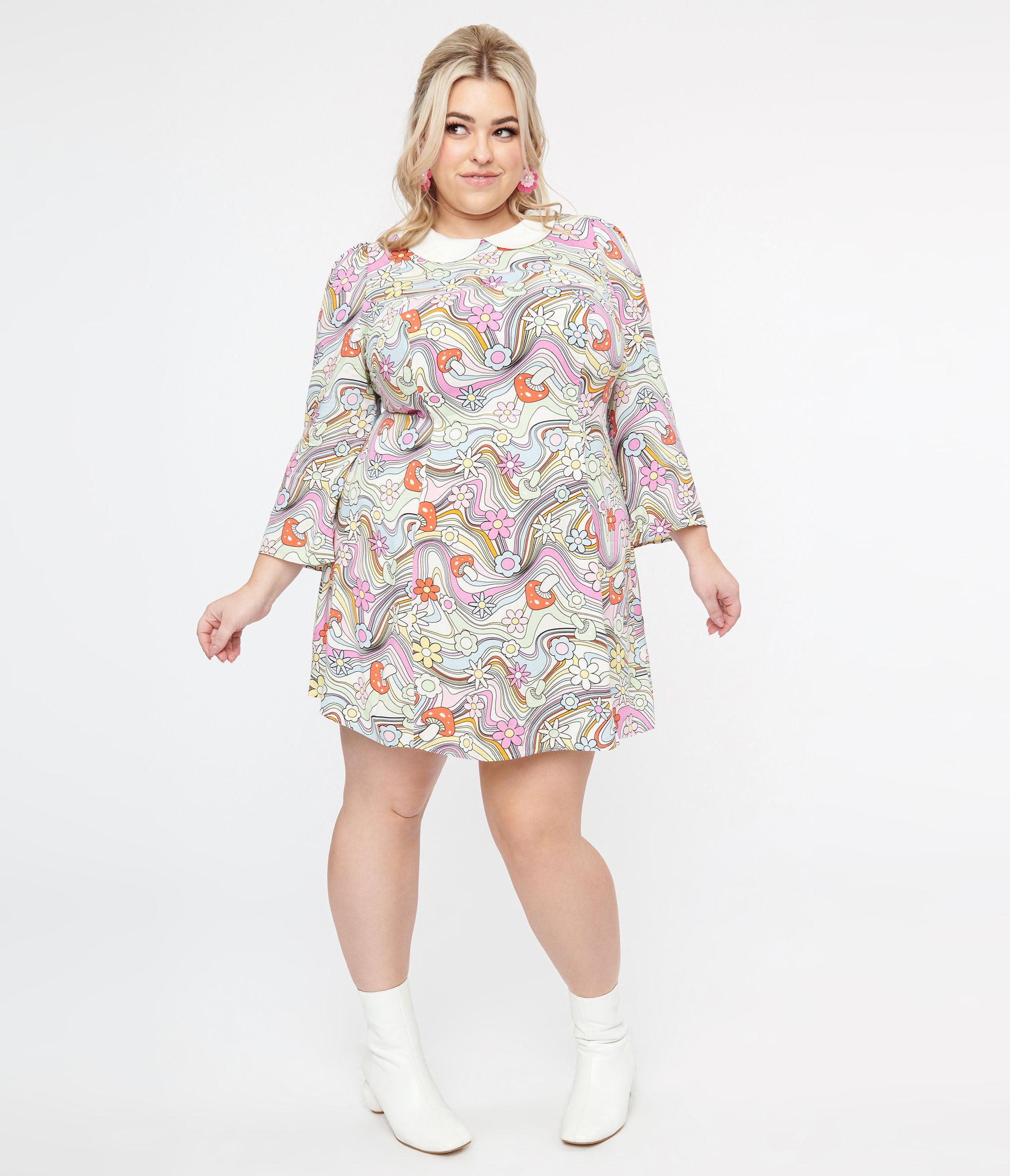 Hell Bunny Plus Size 1960s Pastel Rainbow Hazy Daze Floral Shift Dress