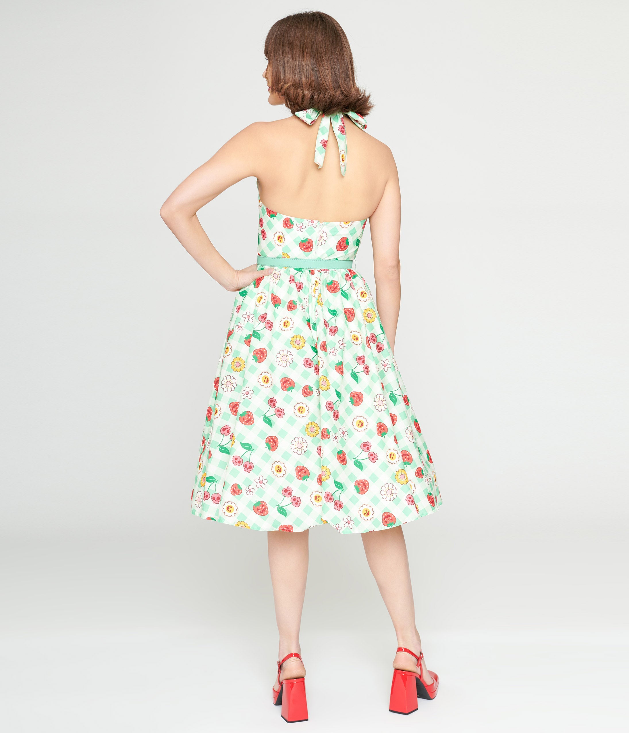 Unique Vintage 1950s Green Gingham Spooky Fruit Print Halter Swing Dress