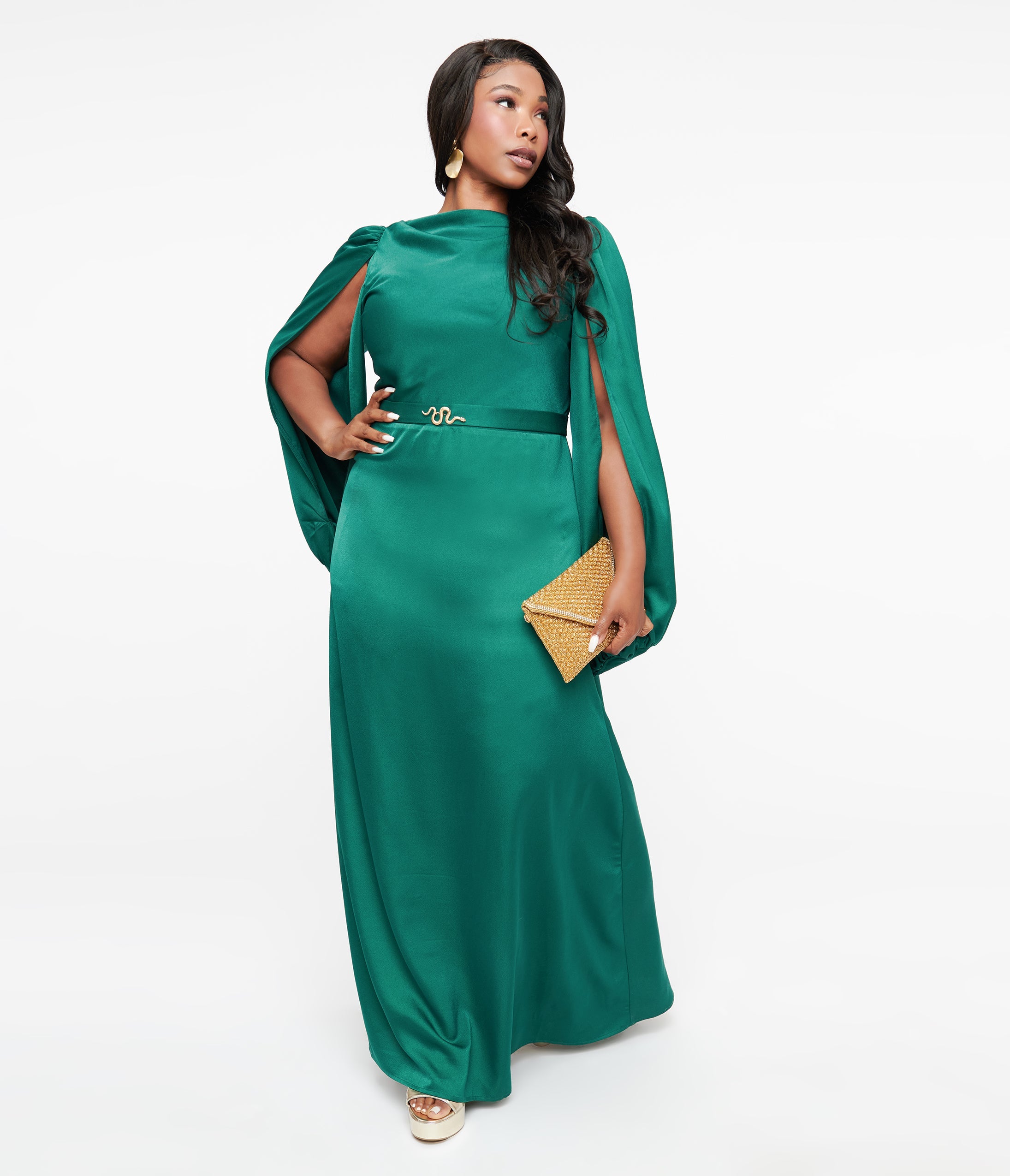 Unique Vintage Plus Size 1920s Emerald Satin & Snake Pin Evening Gown