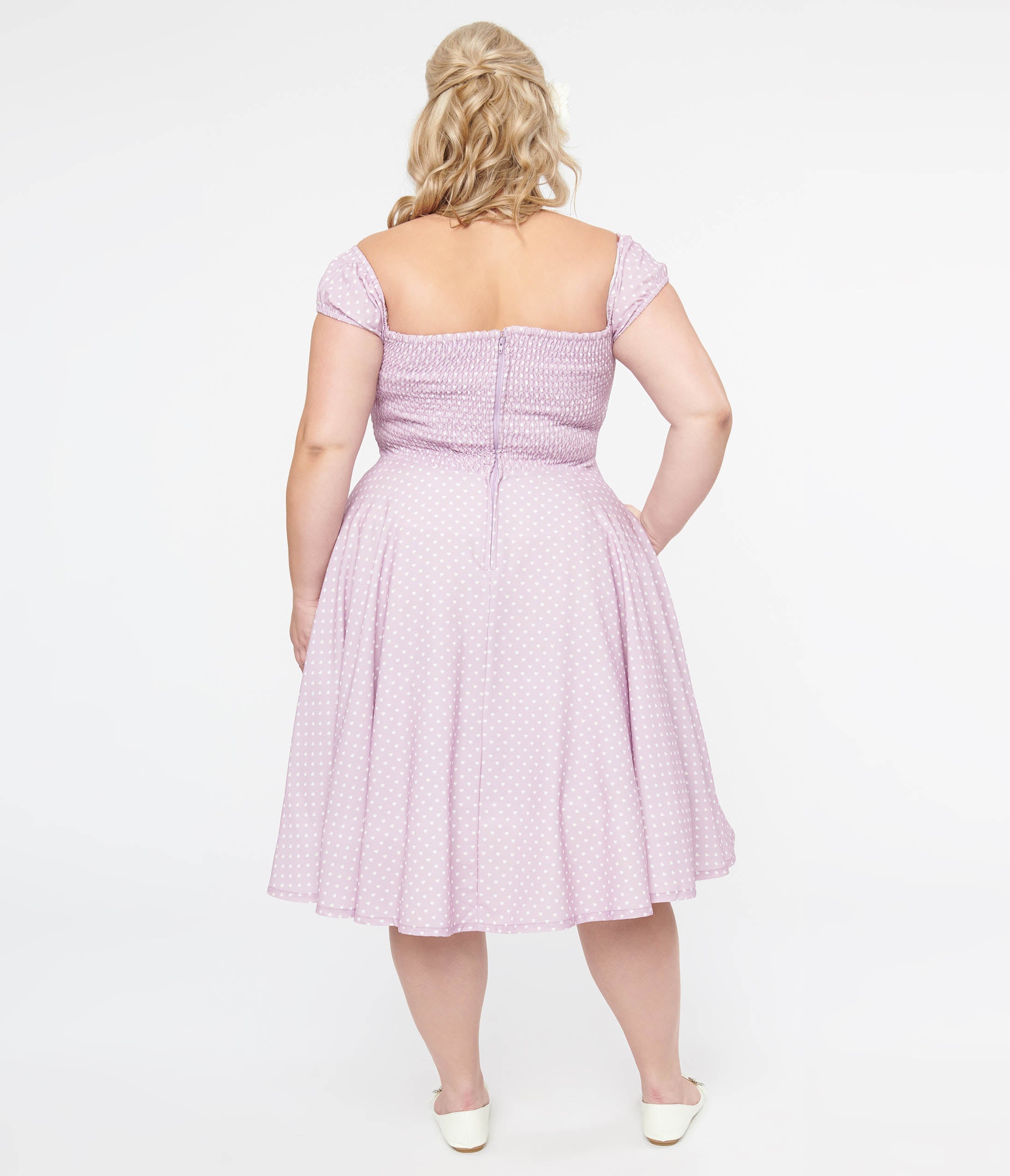 Plus Size 1950s Lavender & White Heart Print Victoria Swing Dress