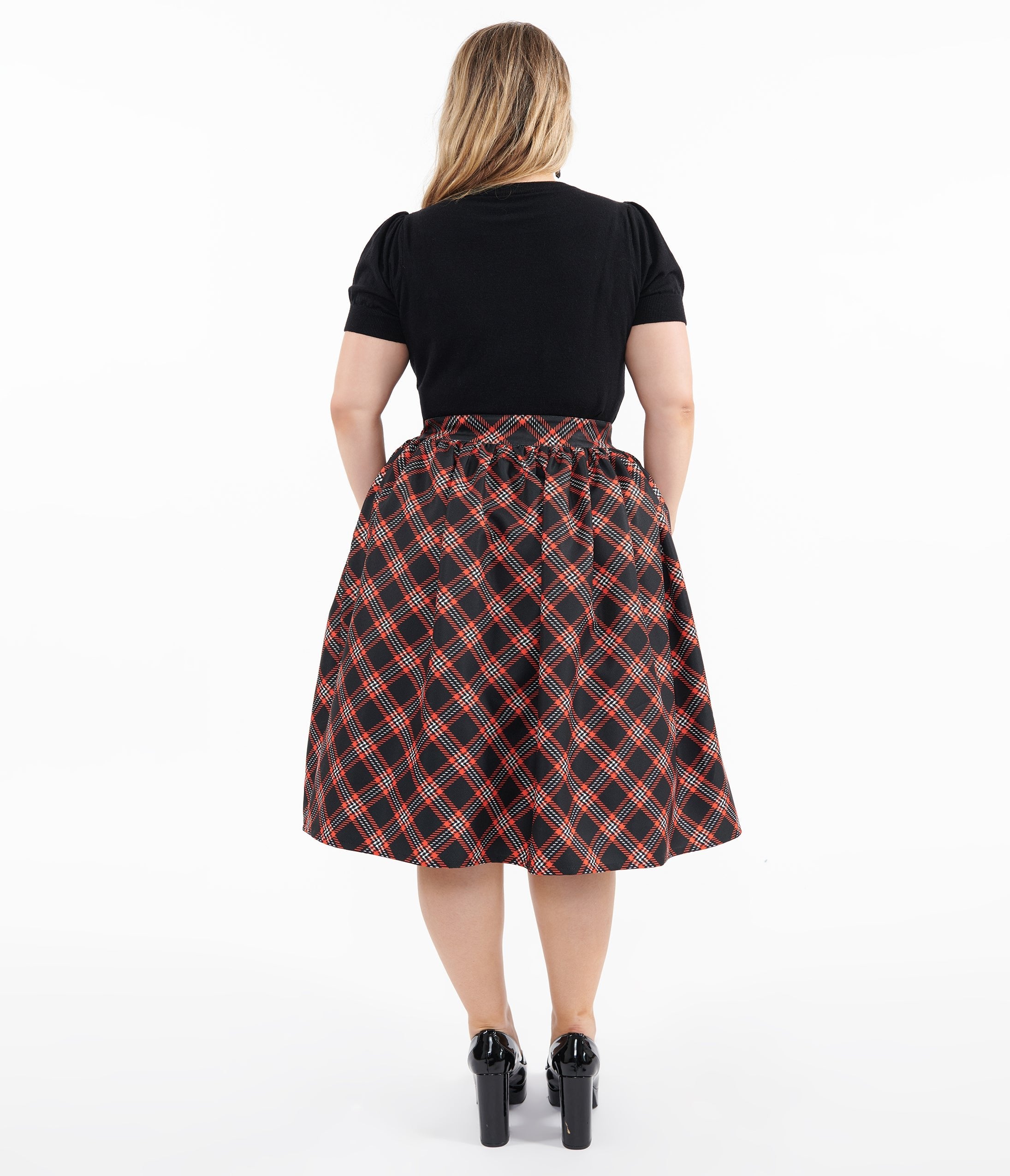 Unique Vintage Plus Size 1950s Black & Orange Plaid Gellar Swing Skirt