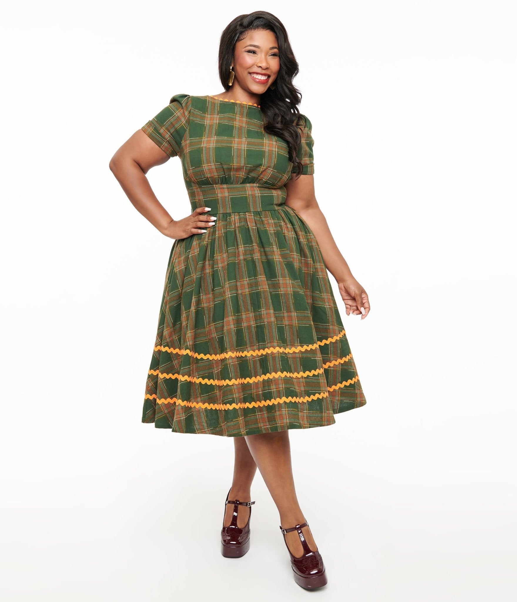 Unique Vintage Plus Size 1950s Green Plaid Cotton Swing Dress