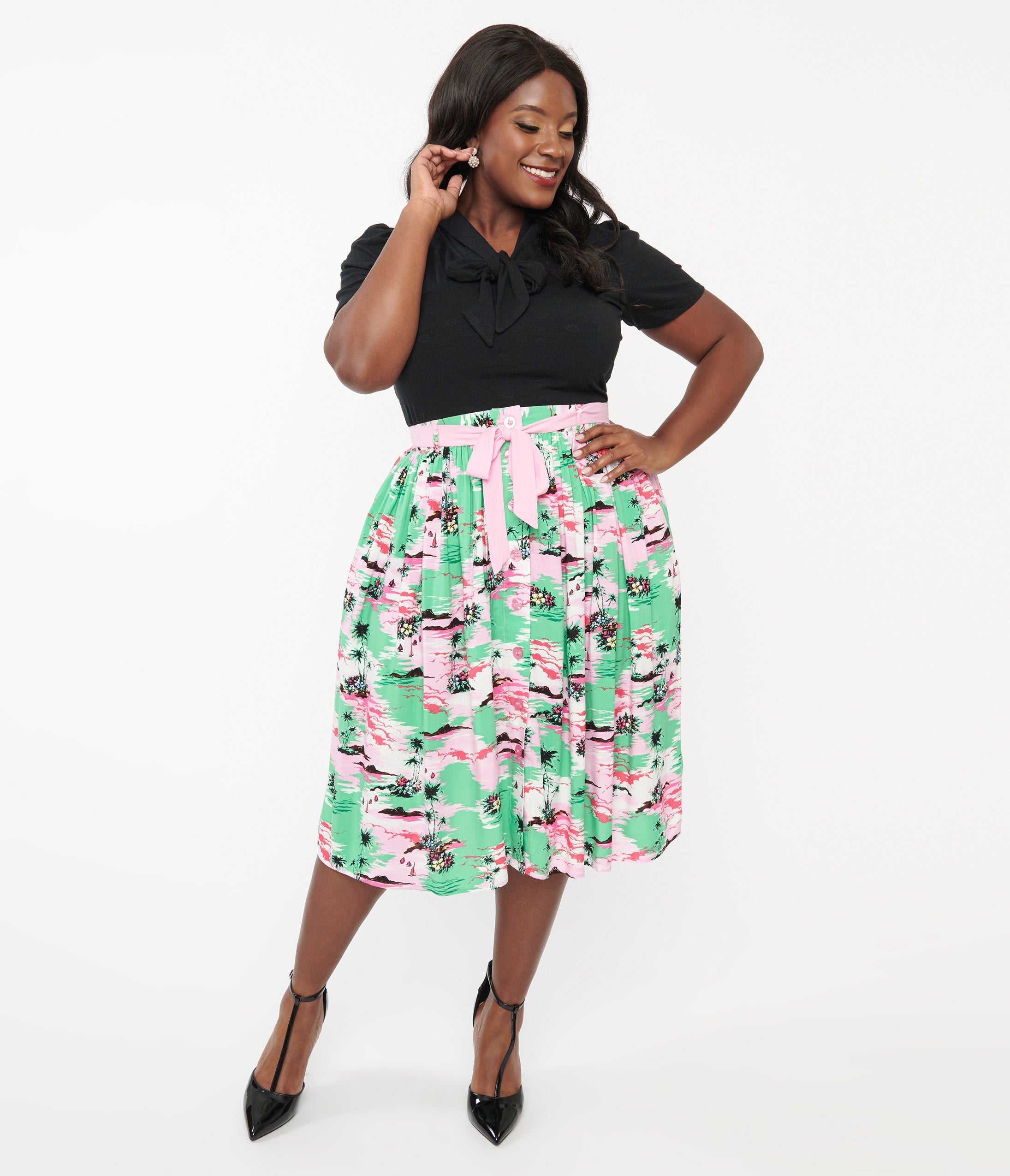 Hell Bunny Plus Size Pink & Green Tropical Print Midi Skirt