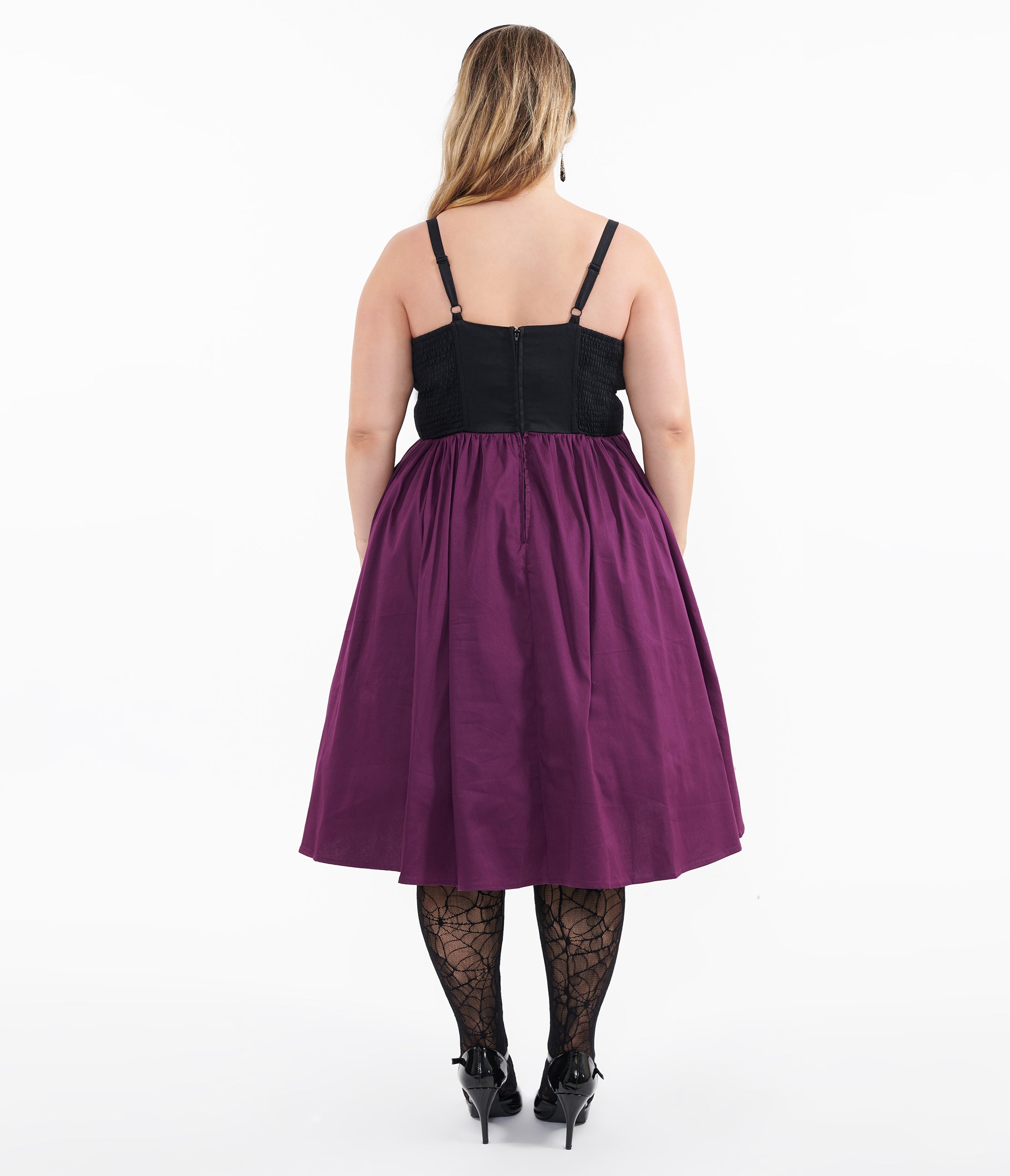 Unique Vintage Plus Size 1950s Purple & Black Glitter Cat Swing Dress