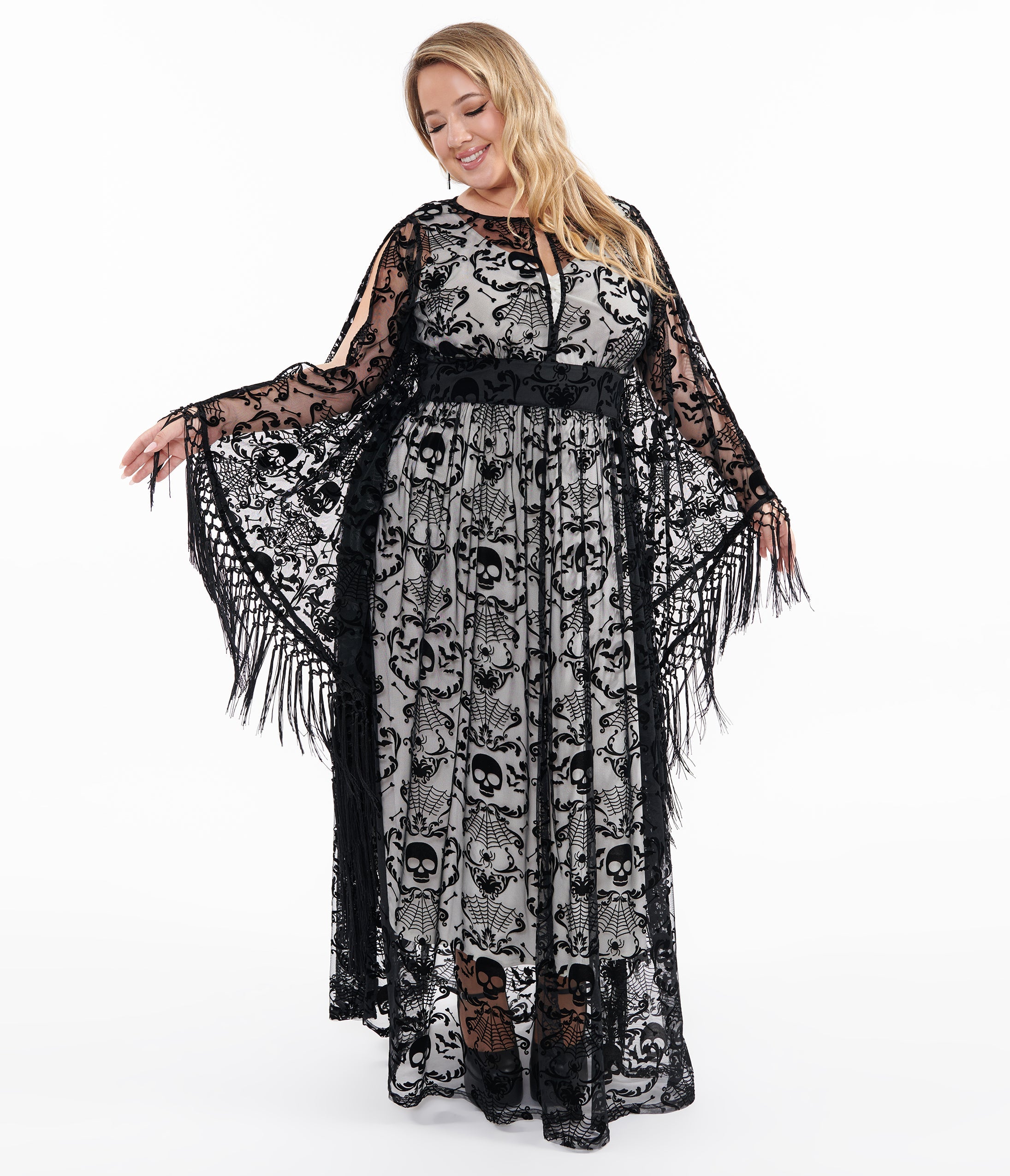 Unique Vintage Plus Size 1960s Black Baroque Skull Burnout Fringe Flutter Sleeve Caftan