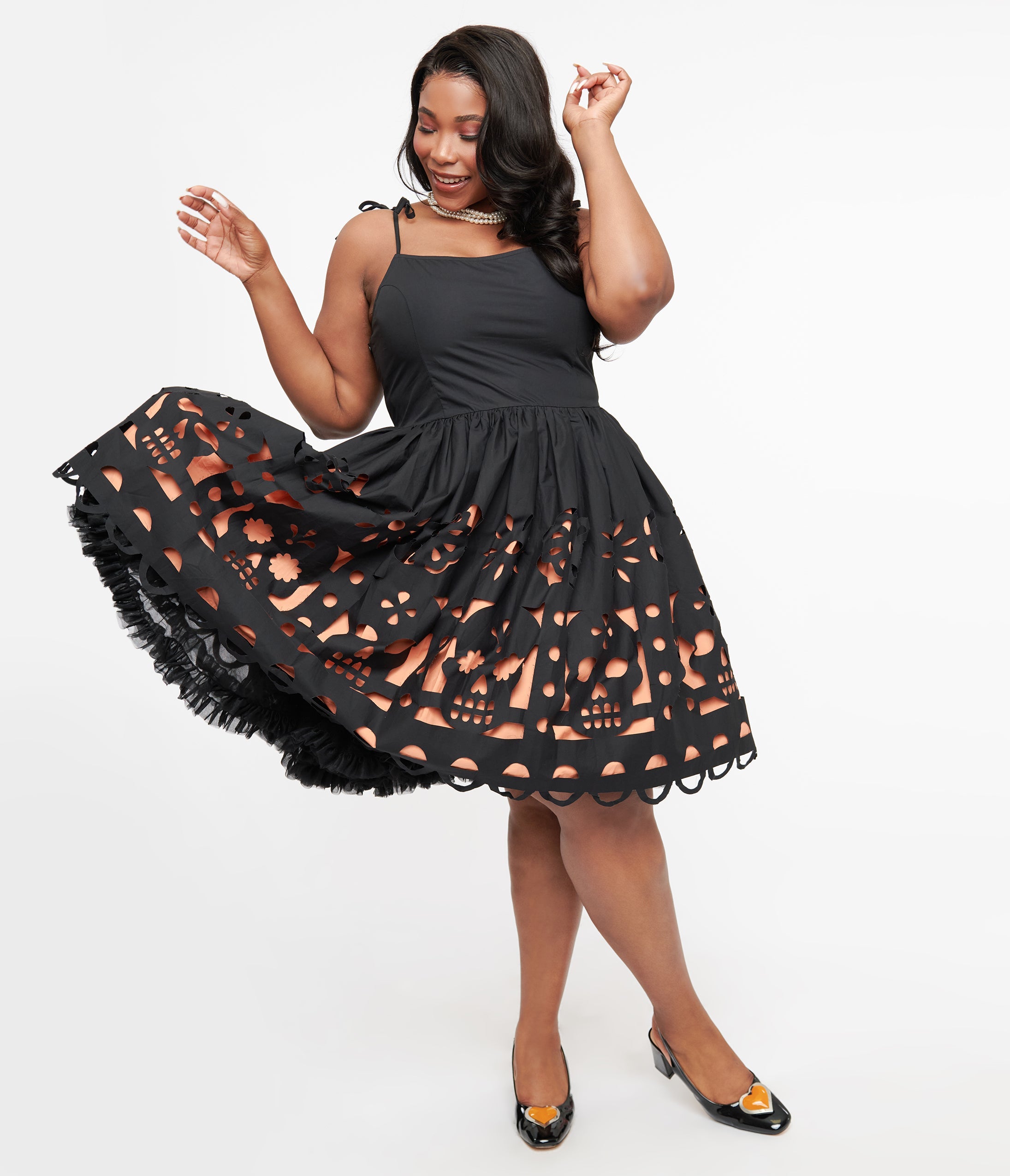 Unique Vintage Plus Size 1950s Black & Orange Dia De Los Muertos Cutout Bobbie Swing Dress