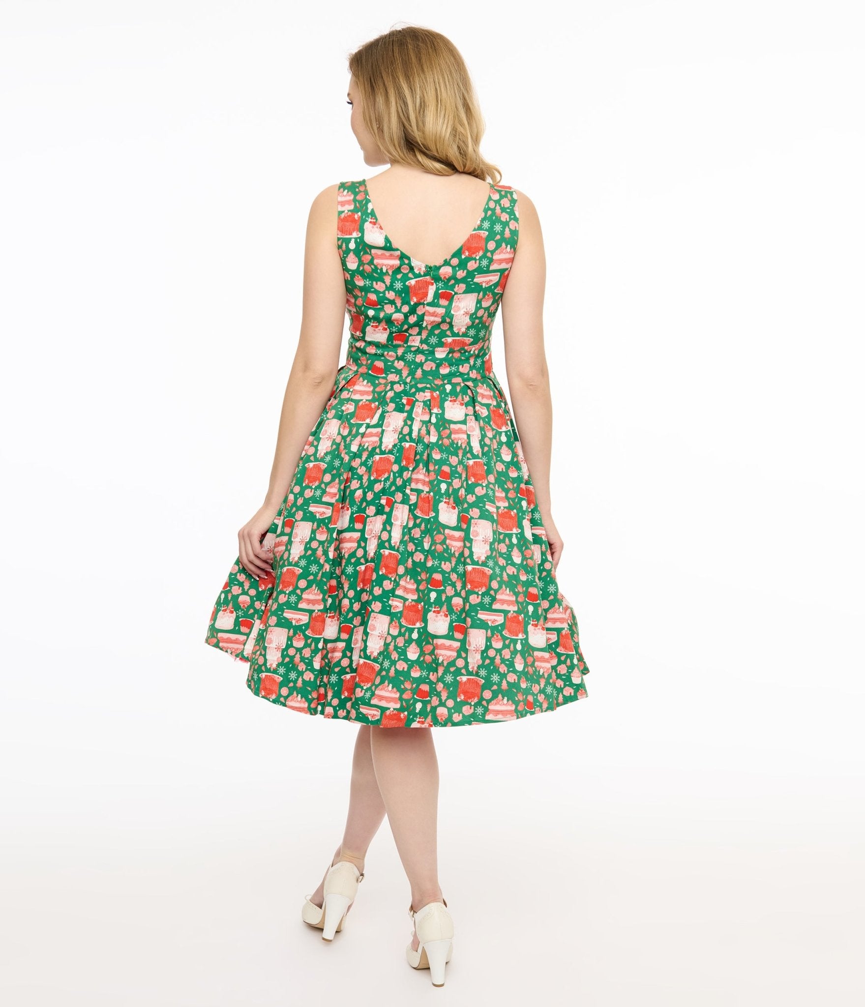 Miss Lulo 1950s Green & Red Holiday Cake Lily Swing Dress