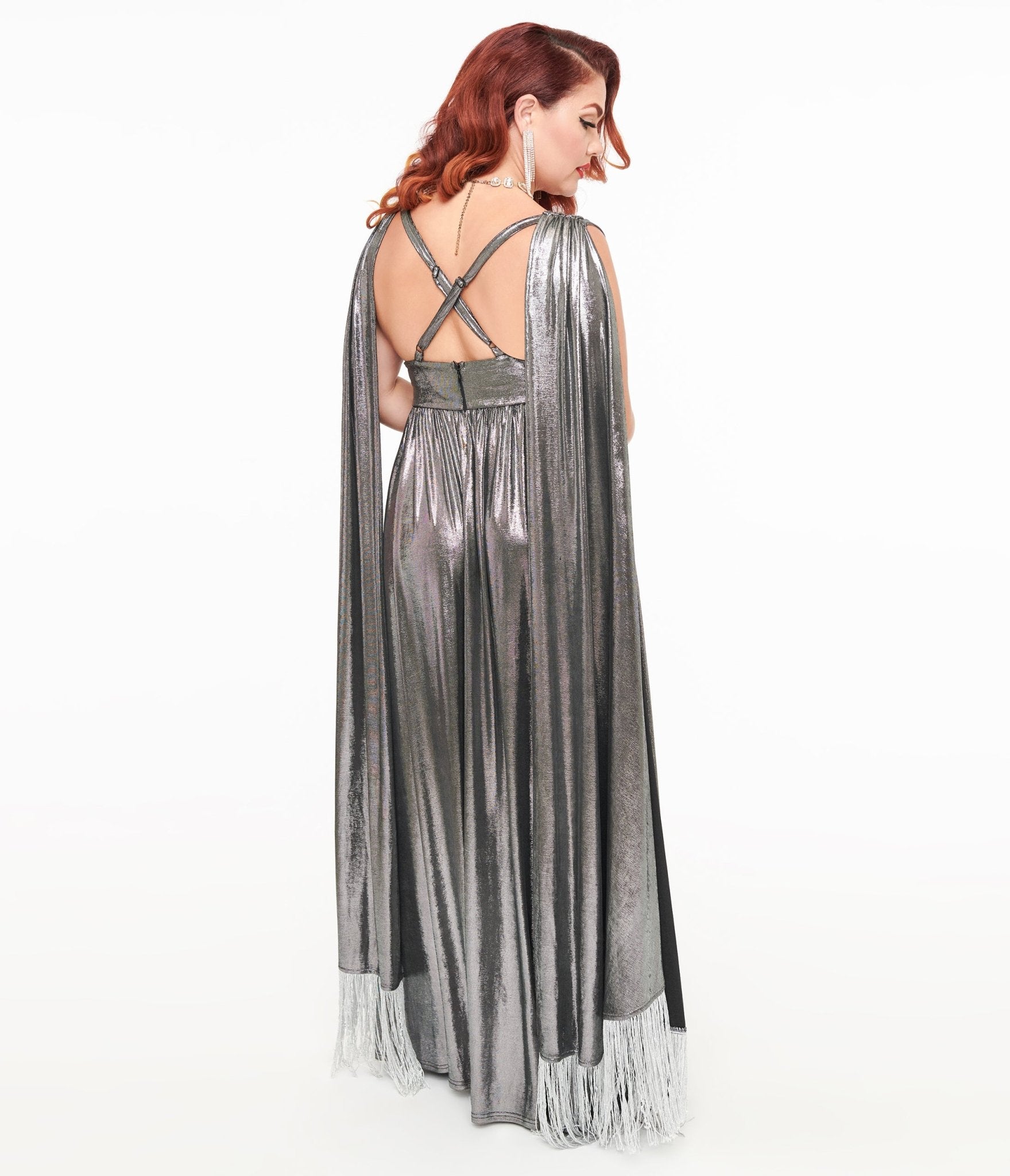 Smak Parlour 1970s Silver Fringe Cape Maxi Dress