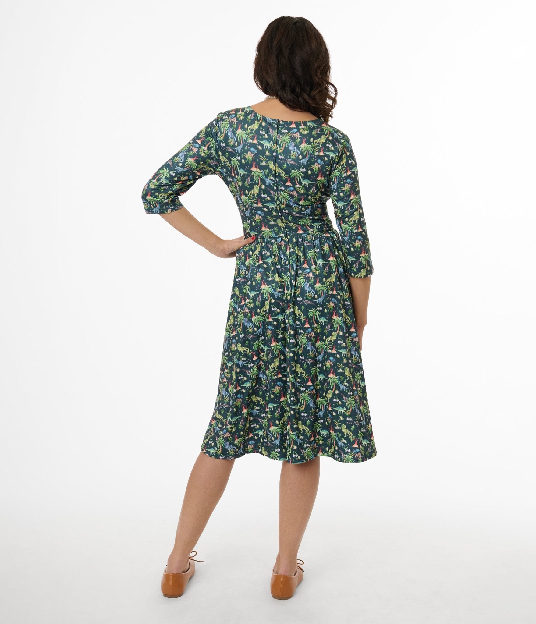 Dolly & Dotty Green Dinosaur Print Billie Swing Dress