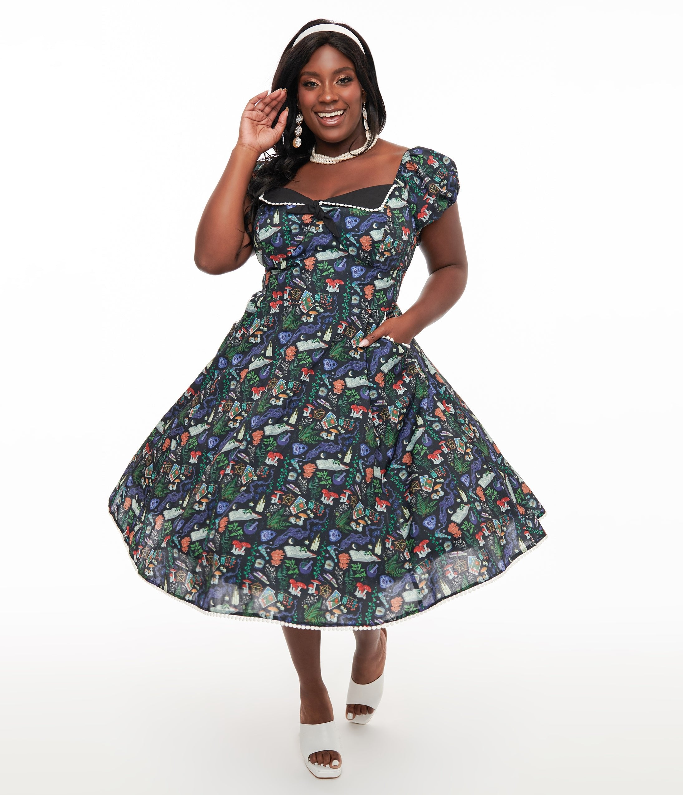 Unique Vintage Plus Size 1950s Black Spellbinding Print Swing Dress