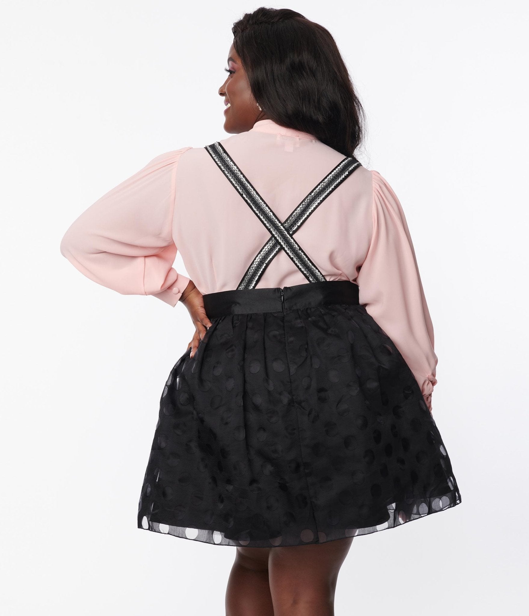 Unique Vintage Plus Size Black Polka Dot Tulle Suspender Mini Skirt