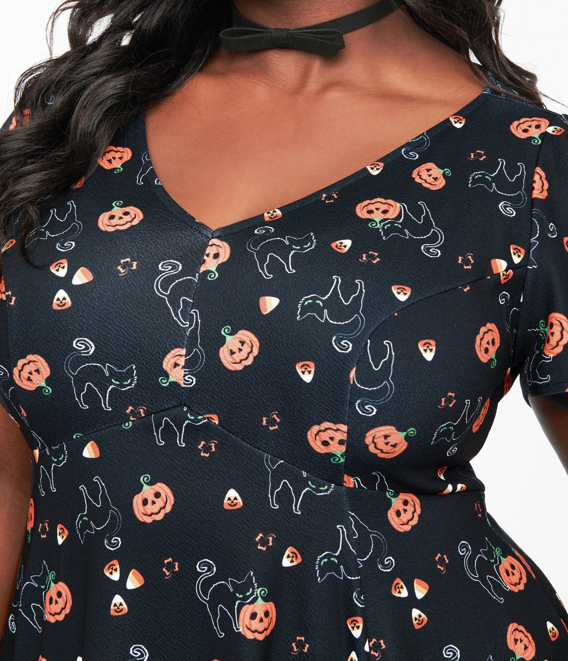 Unique Vintage Plus Size 1950s Black Spooky Cats & Pumpkins Poppy Flare Dress