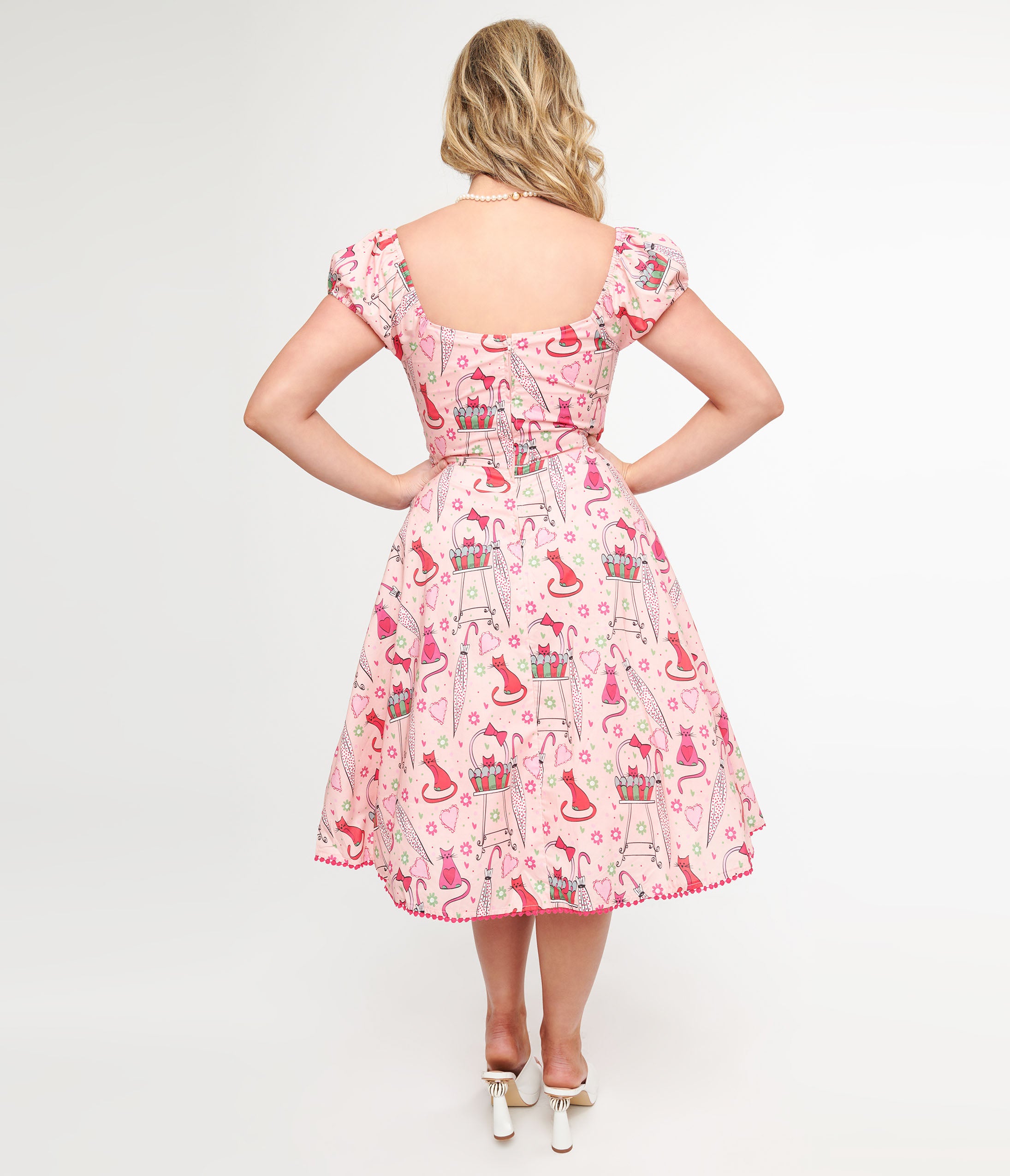 Unique Vintage 1950s Pink Caturday Print Cotton Swing Dress