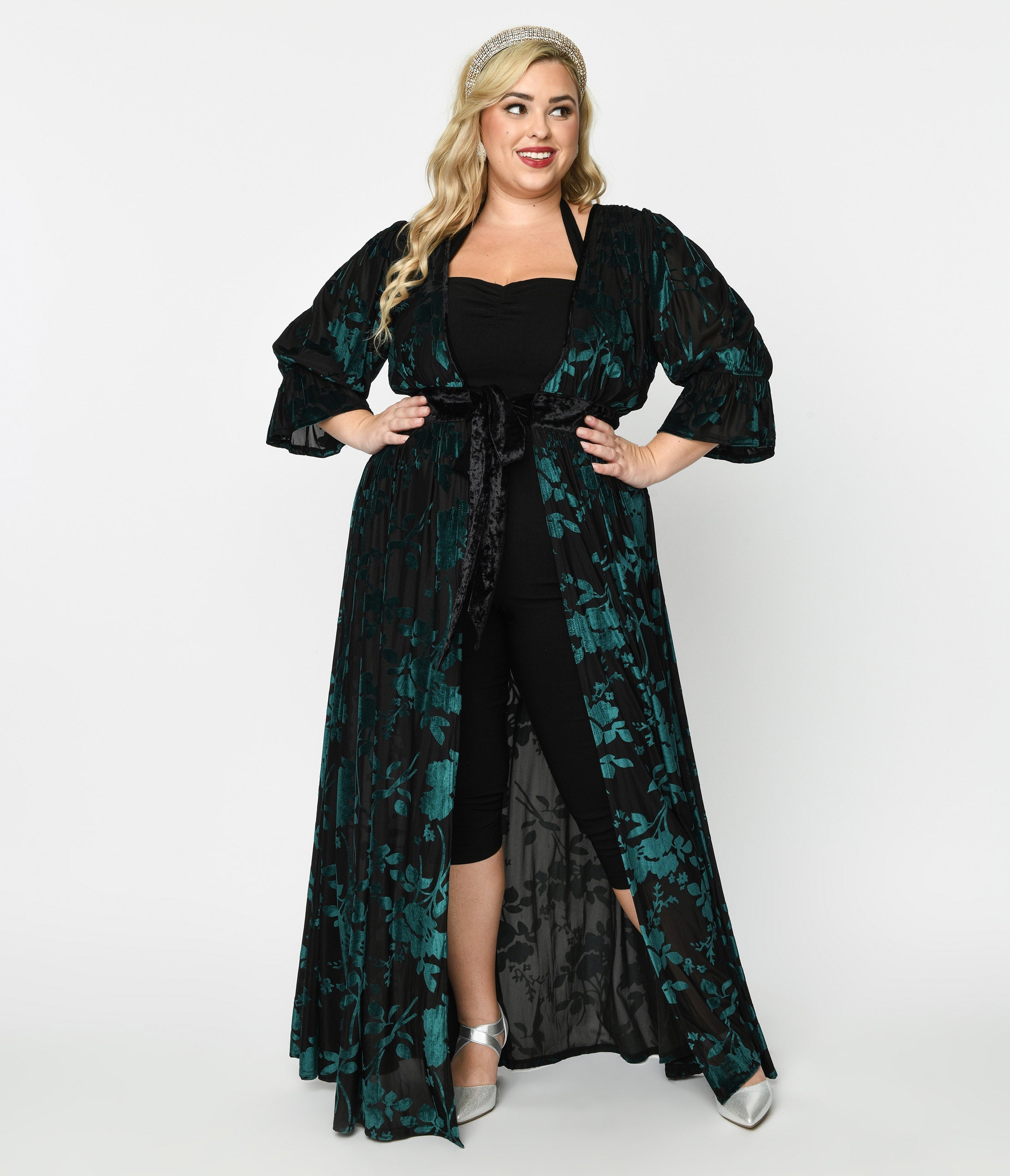 Unique Vintage Plus Size Black & Teal Floral Velvet Burnout Duster