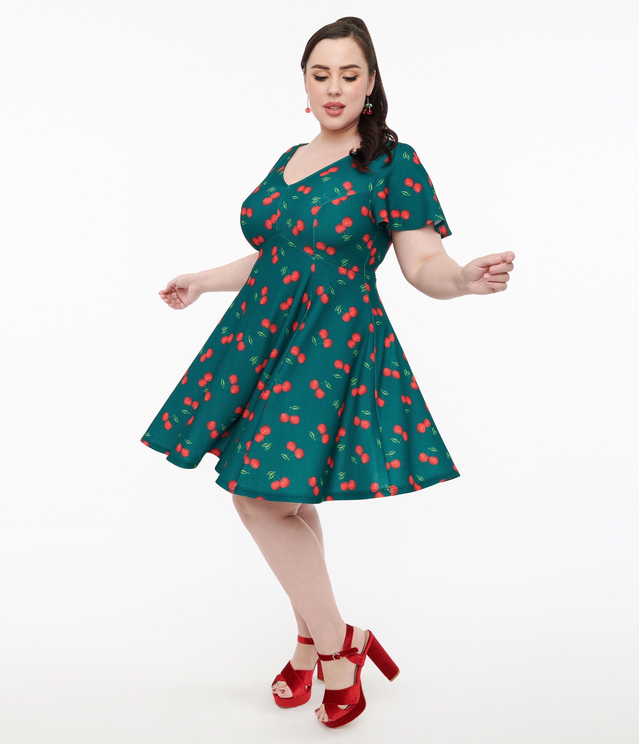 Unique Vintage Plus Size 1950s Emerald & Cherry Print Poppy Flare Dress