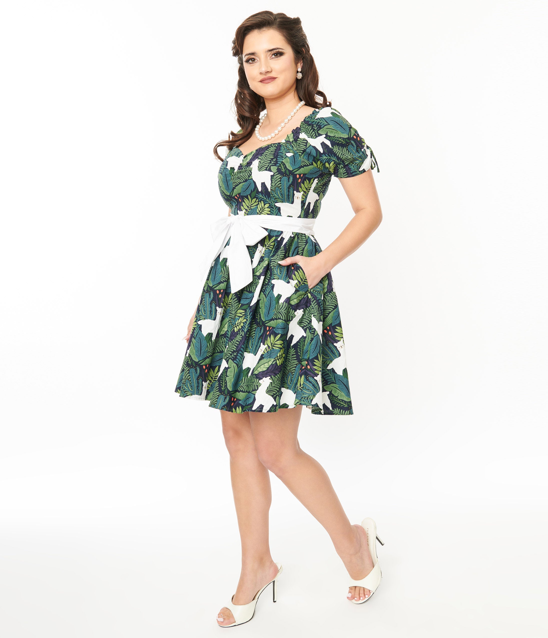 Unique Vintage 1950s Green Leaf & Llama Print Cotton Dakota Flare Dress