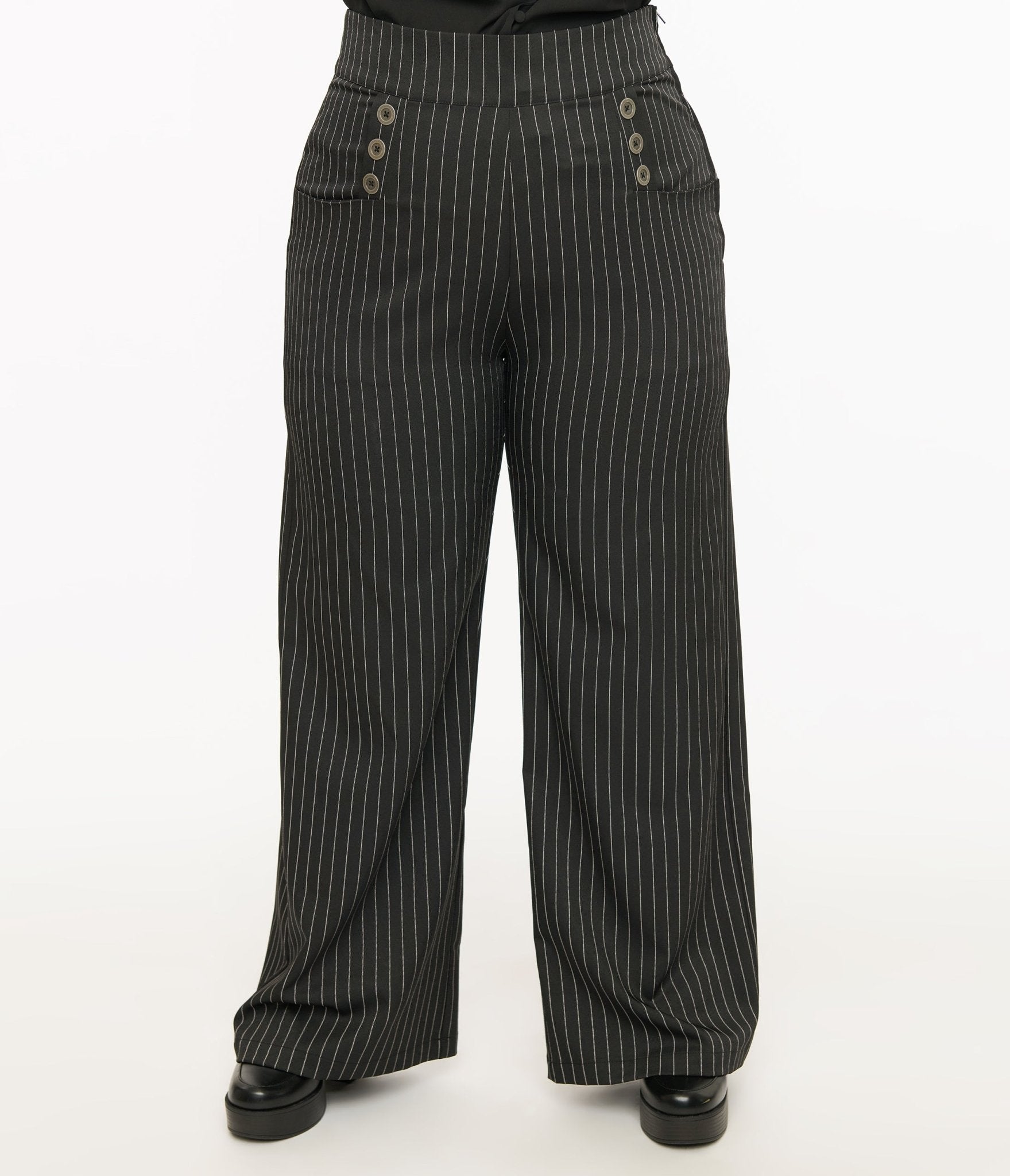 Unique Vintage Plus Size 1940s Black & White Pin Stripe High Waist Sailor Ginger Pants