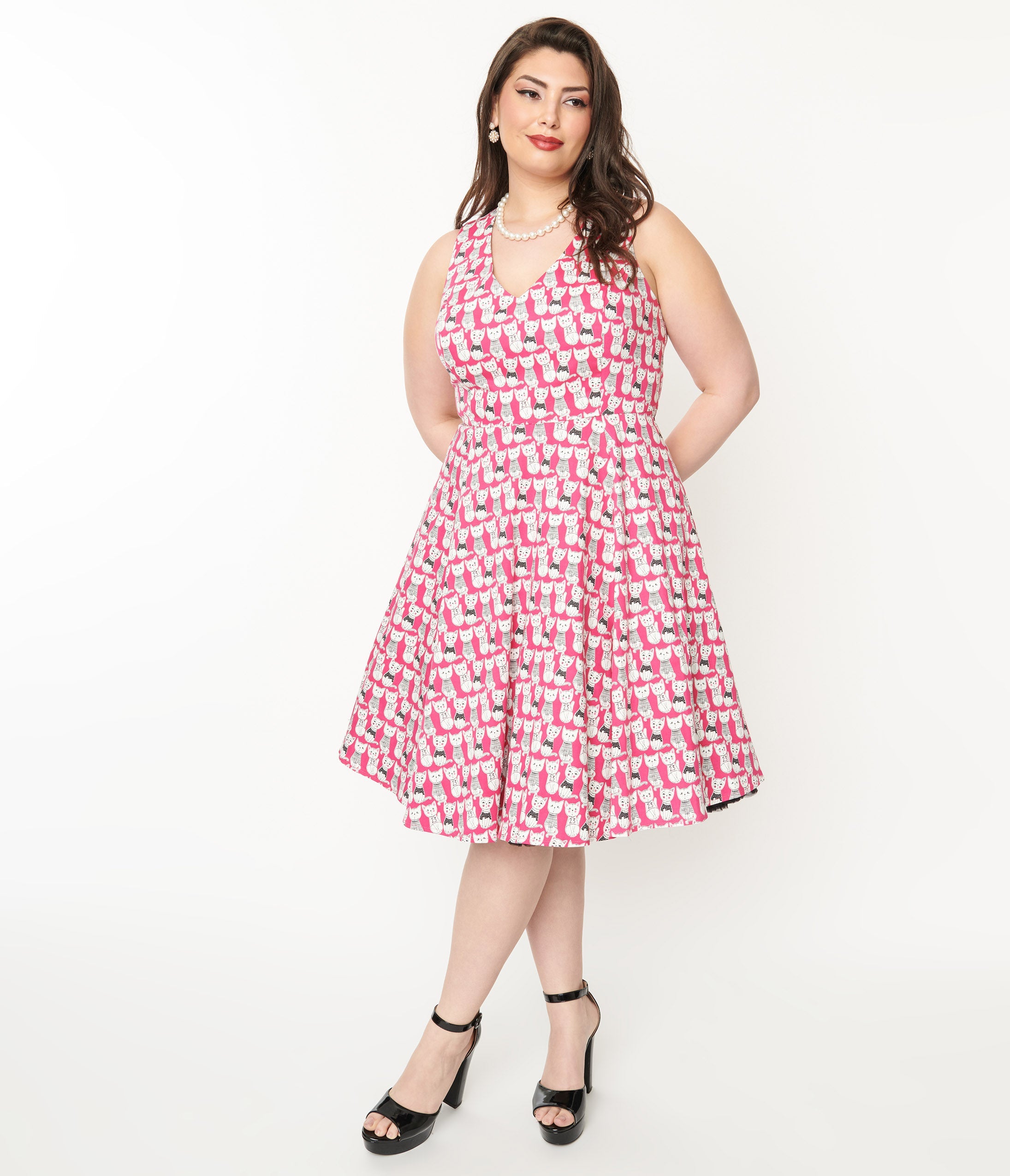 Plus Size 1950s Style Hot Pink Cat Print Sleeveless Swing Dress