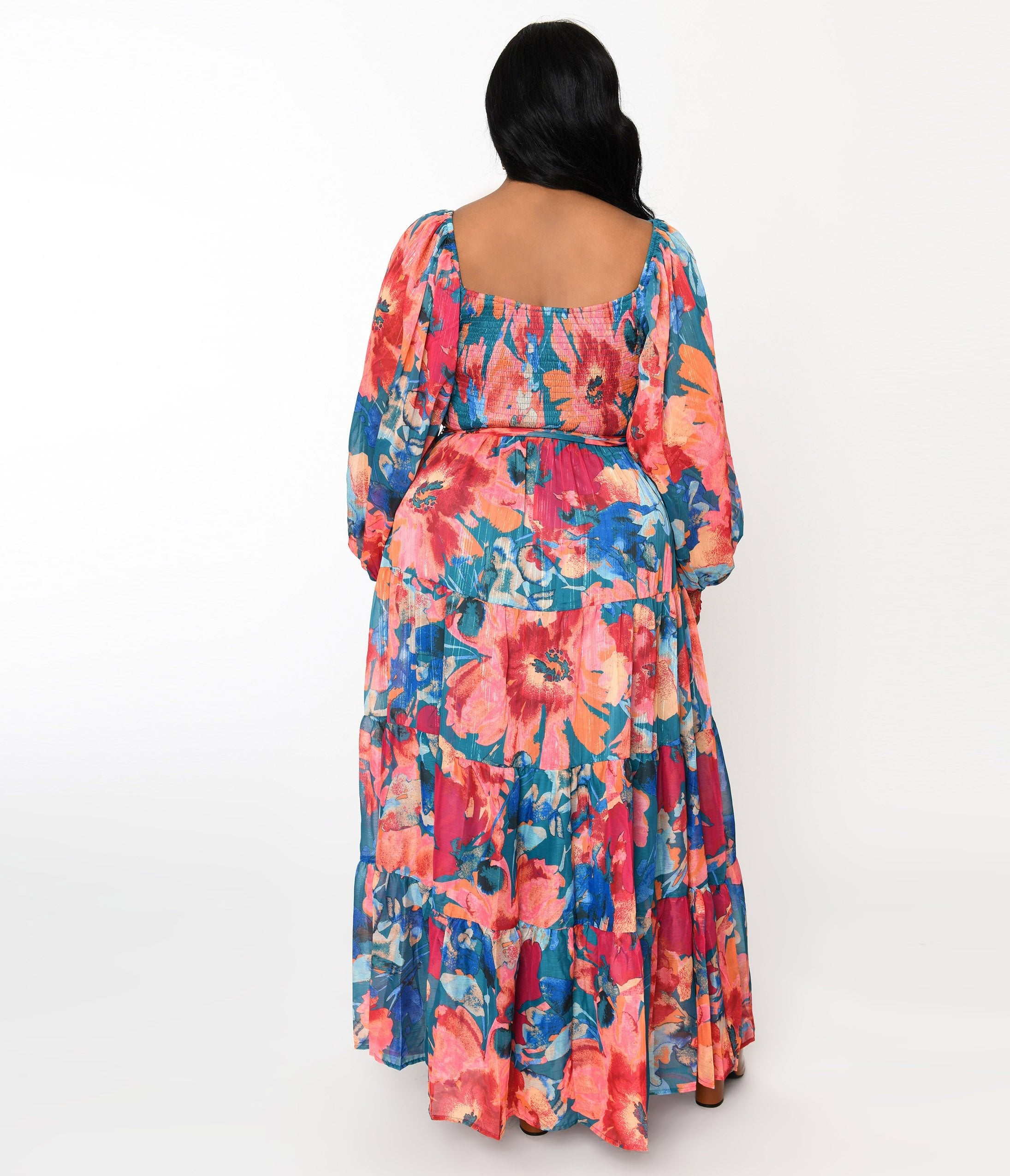 1970s Teal & Coral Floral Maxi Dress