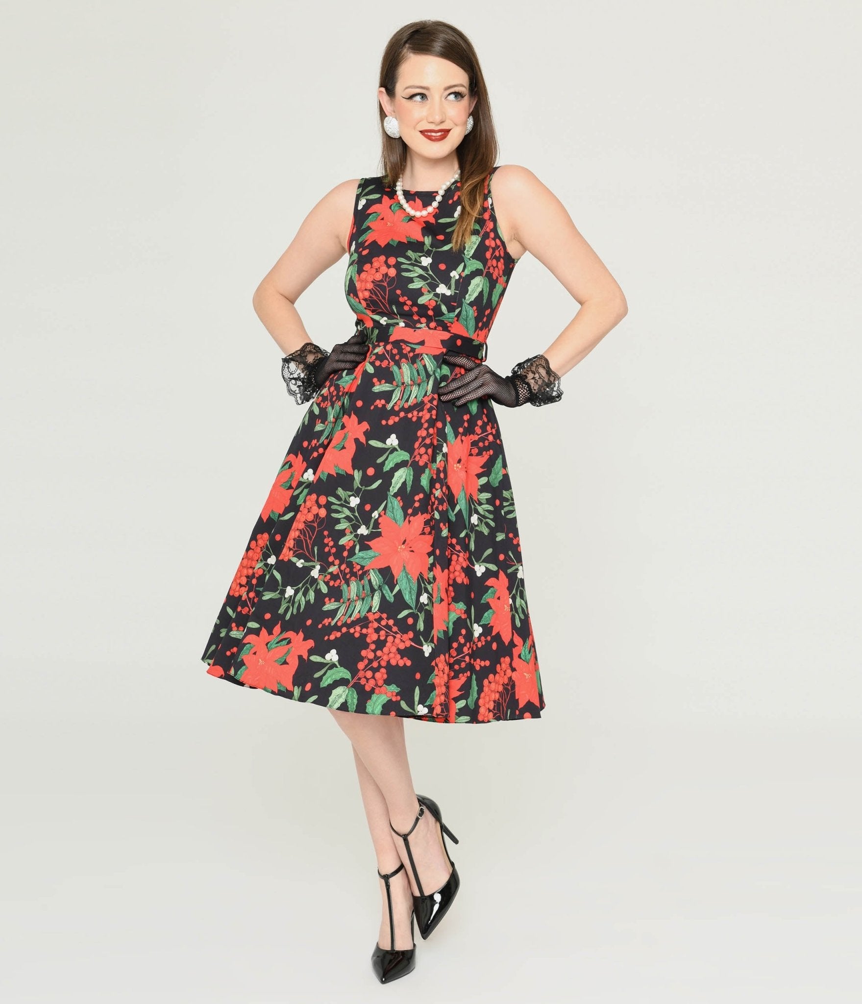 Black & Red Poinsettia Swing Dress