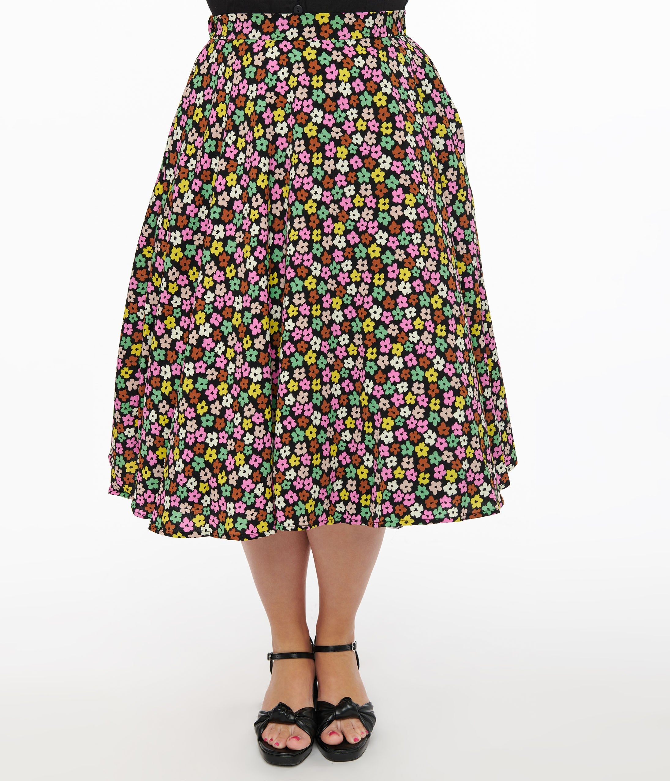 1950s Black & Multicolor Flower Print Swing Skirt