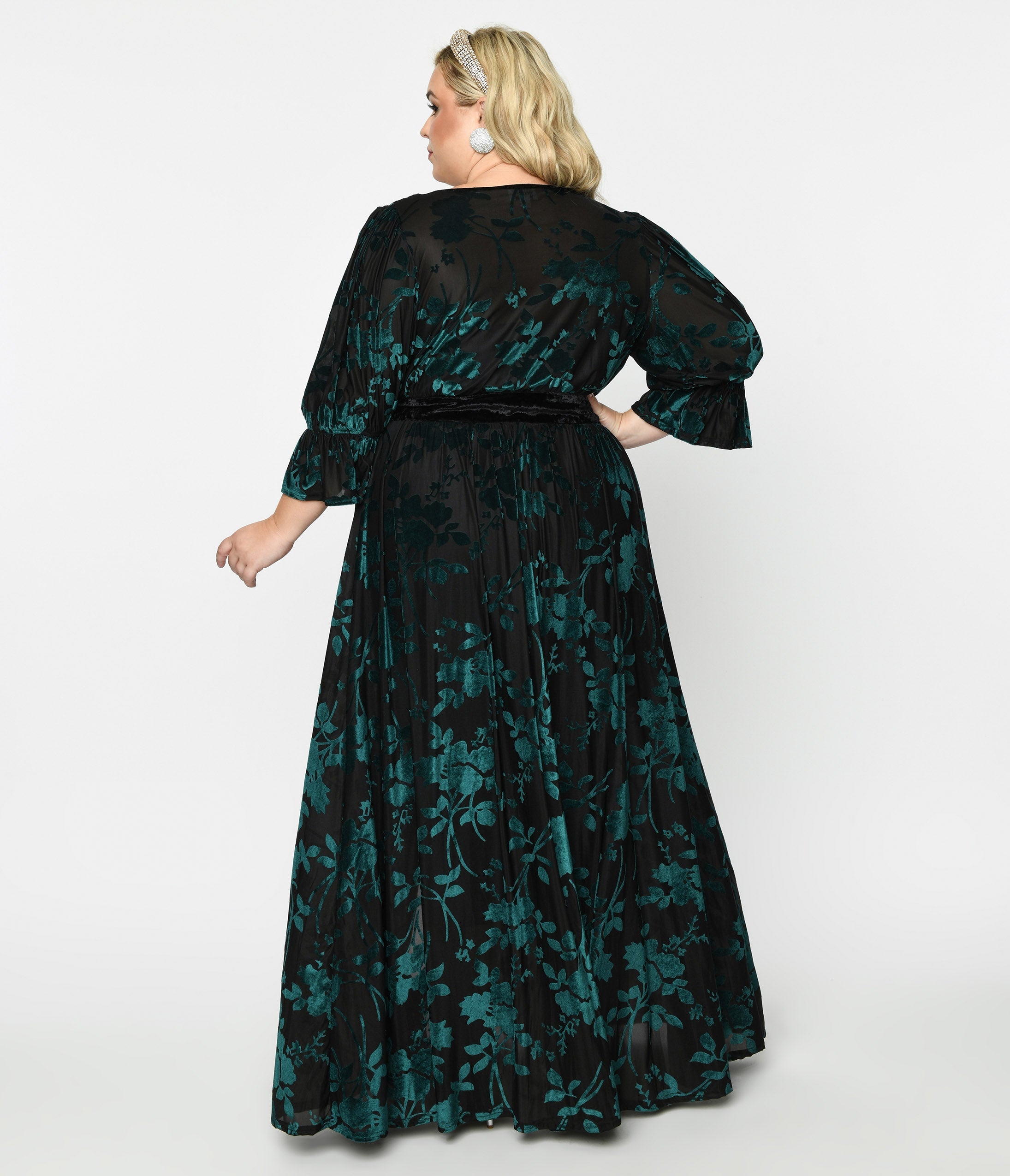 Unique Vintage Plus Size Black & Teal Floral Velvet Burnout Duster