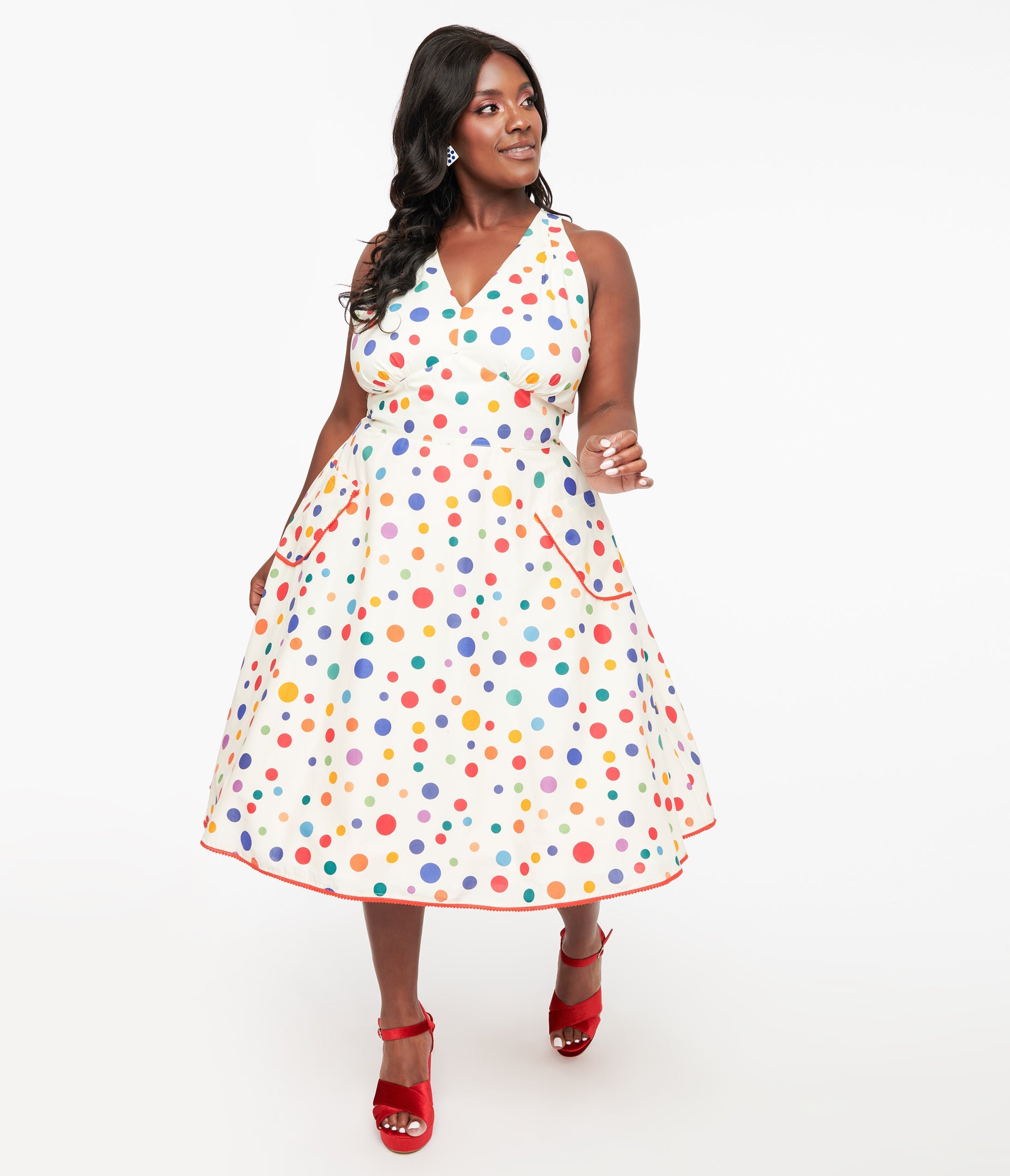 Unique Vintage Plus Size 1950s Rainbow Polka Dot Cotton Halter Swing Dress