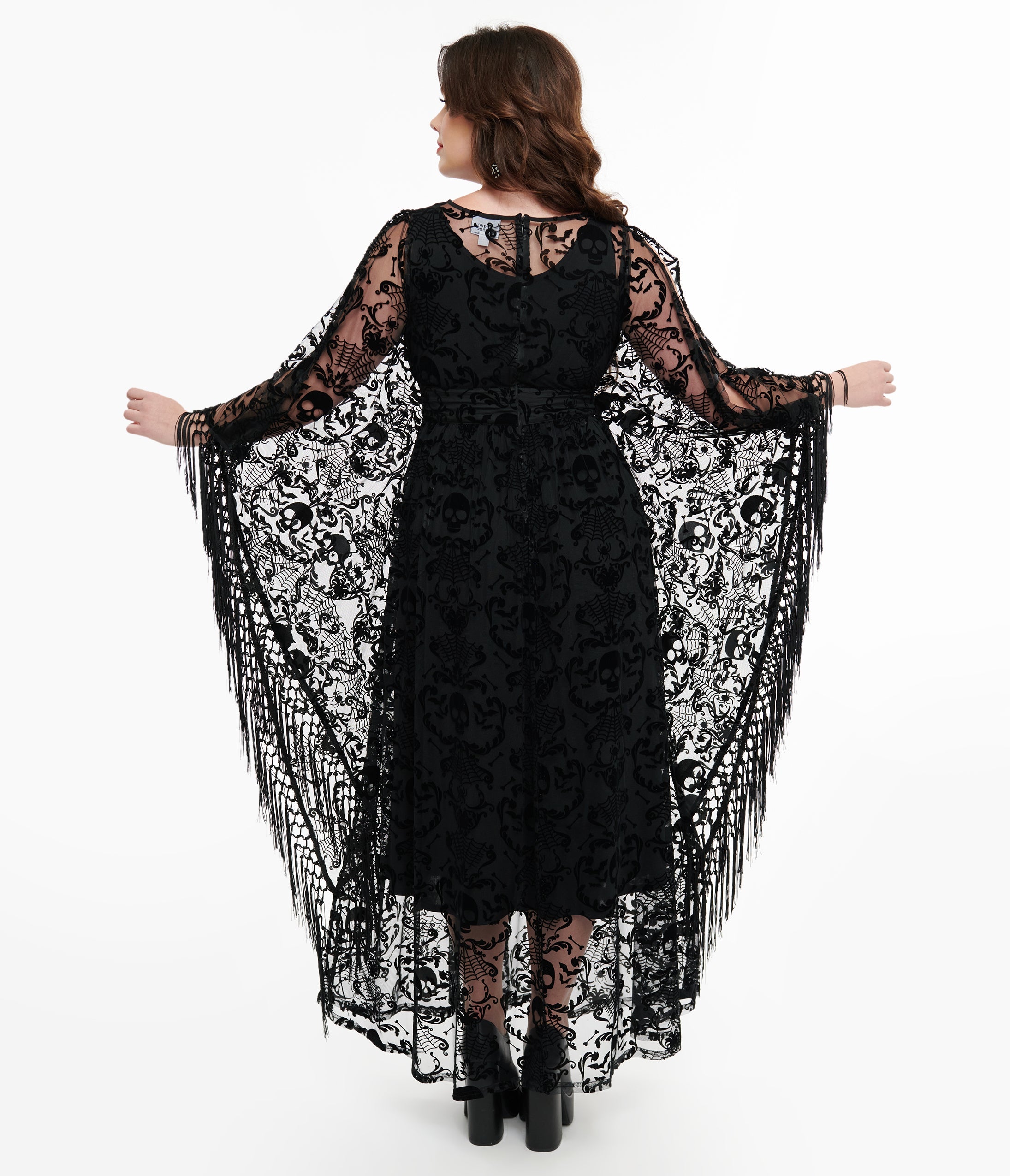 Unique Vintage 1960s Black Baroque Skull Burnout Fringe Flutter Sleeve Caftan