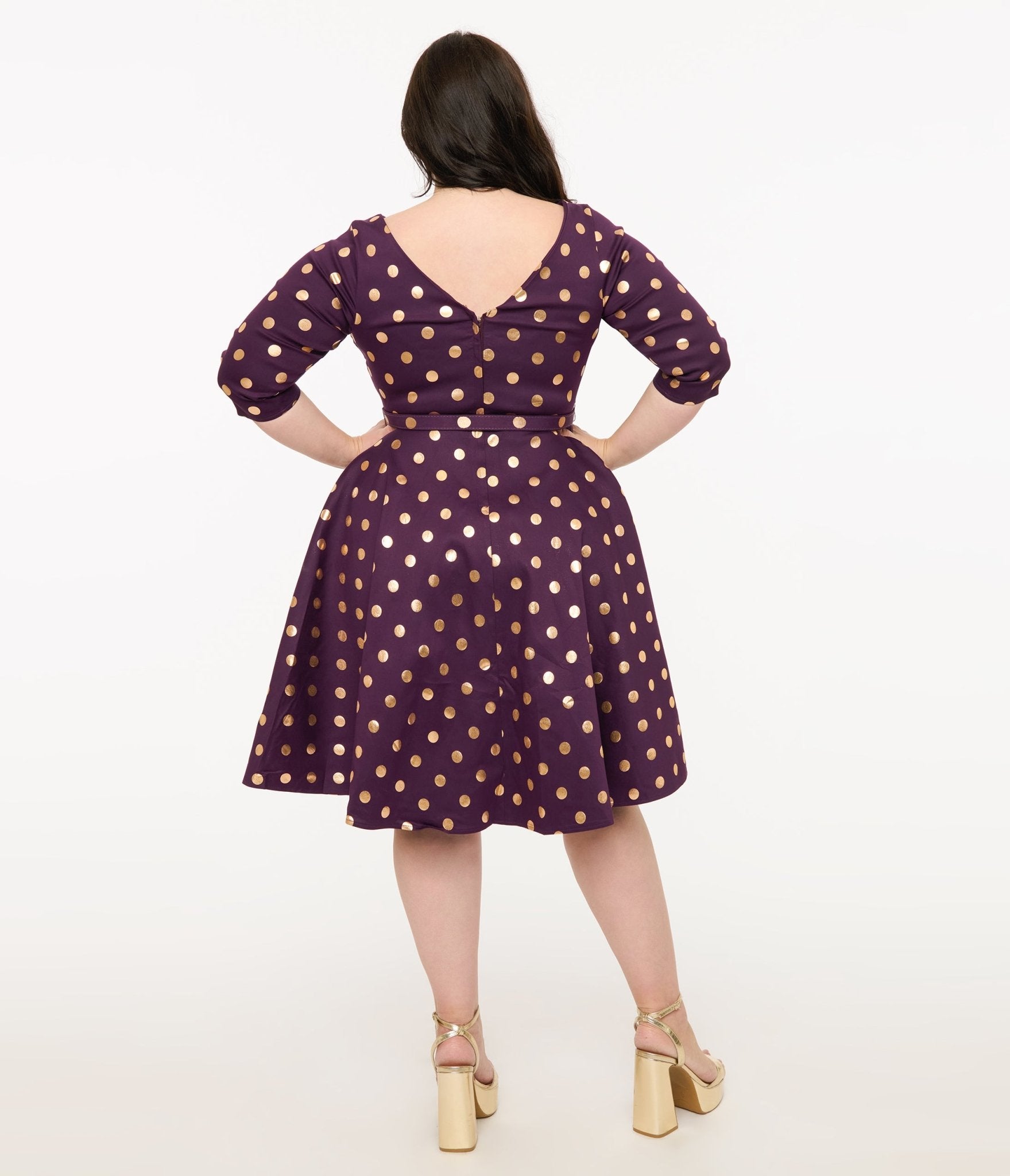 Unique Vintage Plus Size 1950s Eggplant Rose Foil Polka Dot Devon Swing Dress