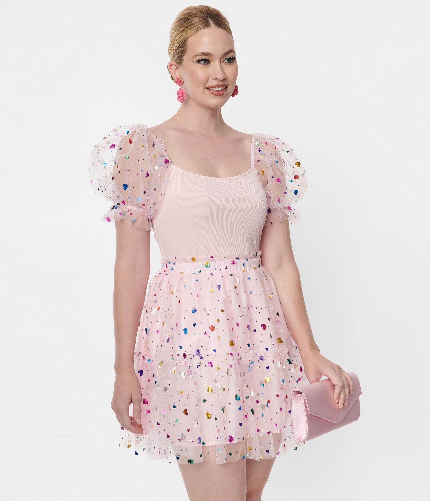 Smak Parlour Pink Confetti Heart Tulle Mini Skirt