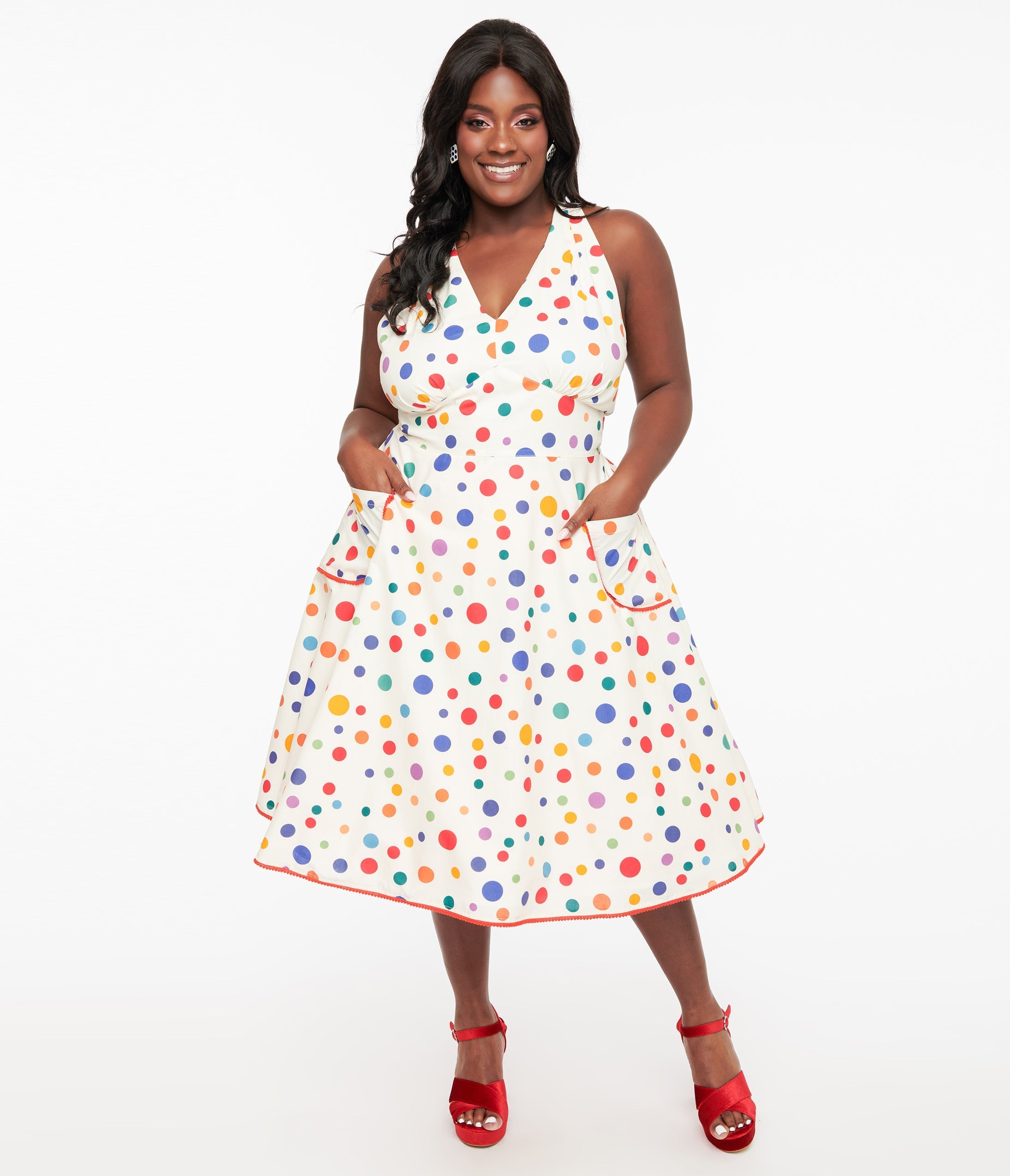 Unique Vintage Plus Size 1950s Rainbow Polka Dot Cotton Halter Swing Dress