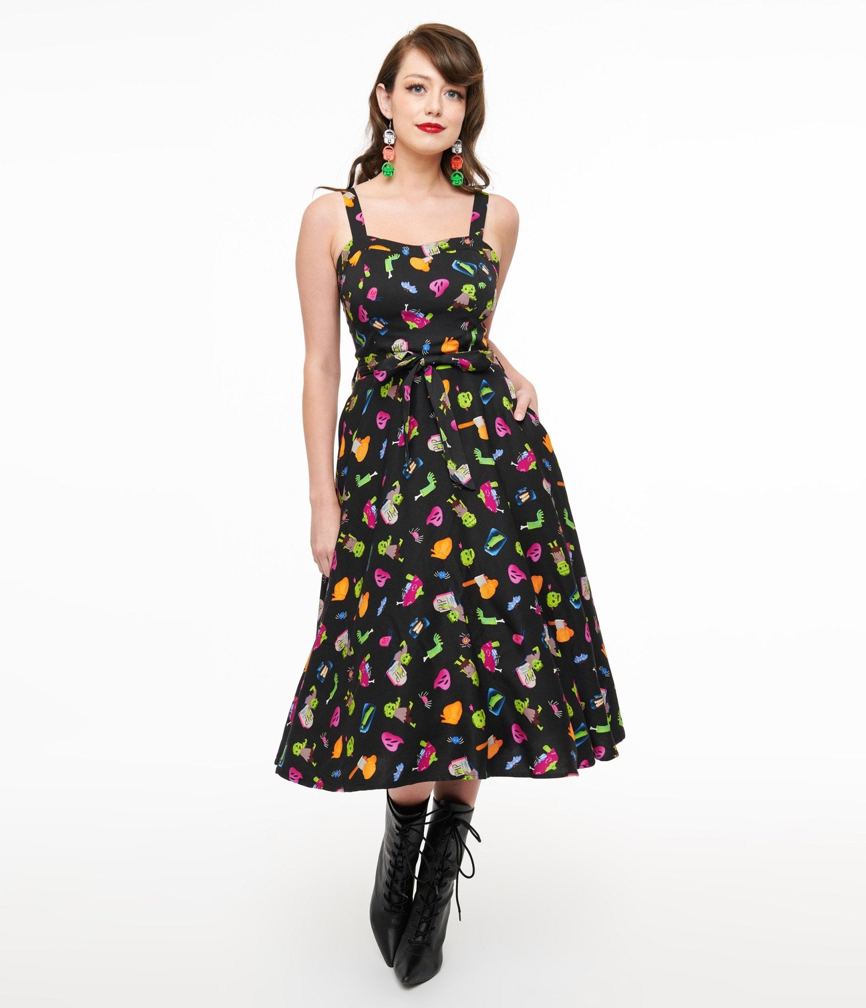 1950s Black Zombie Print Lori Swing Dress