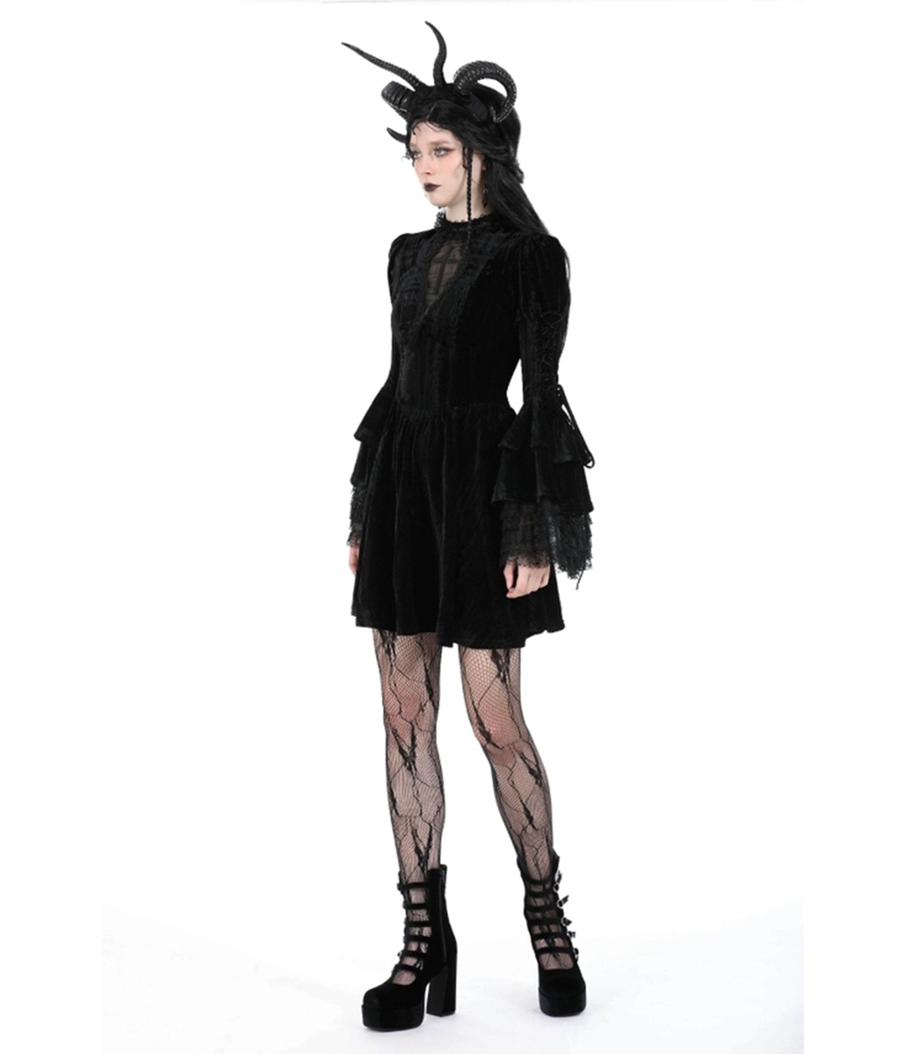 Western Fashion Black Gothic Cross Bell Sleeve Velvet Mini Dress