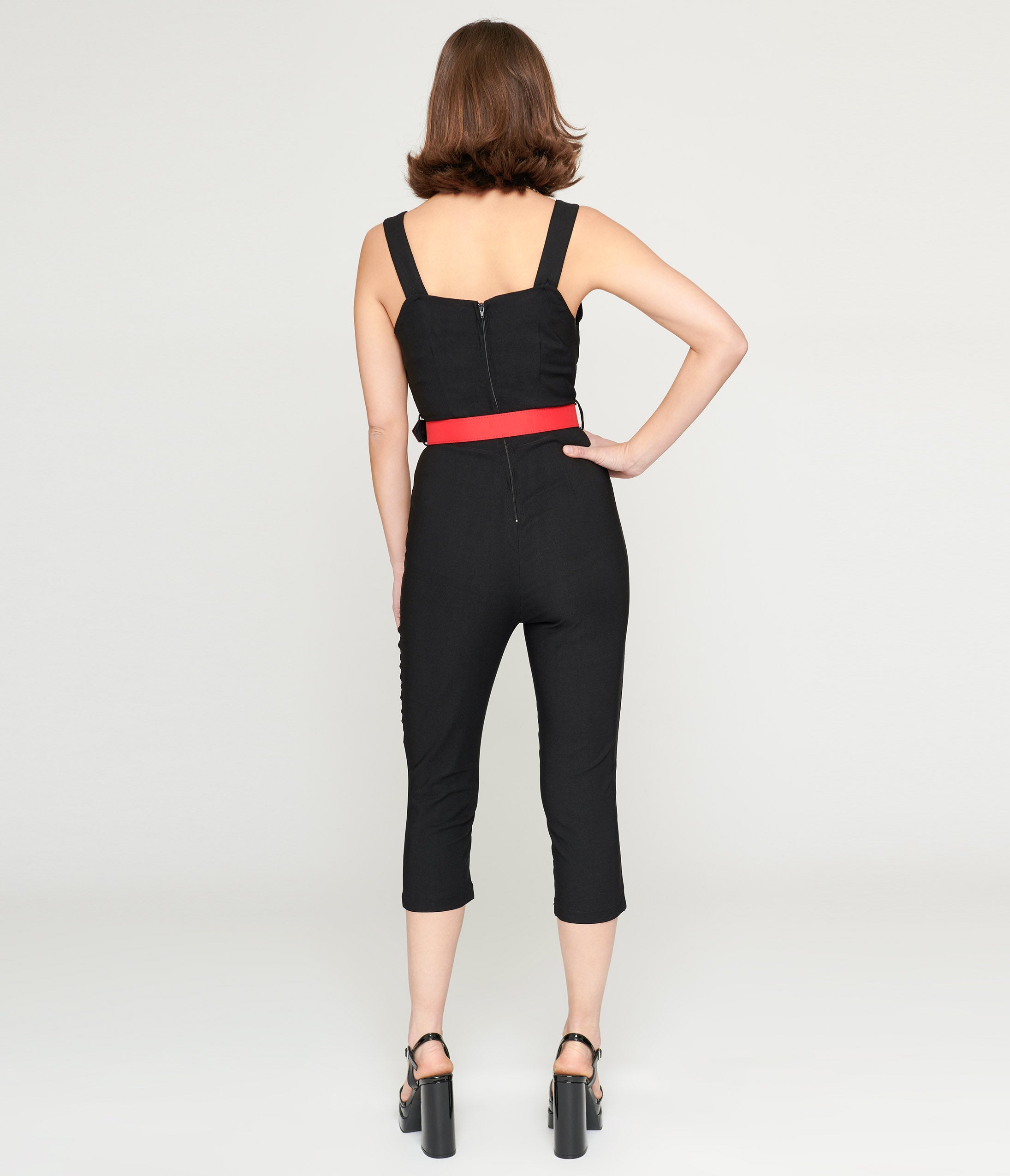 Voodoo Vixen Black & Red Heart Buckle Capri Jumpsuit