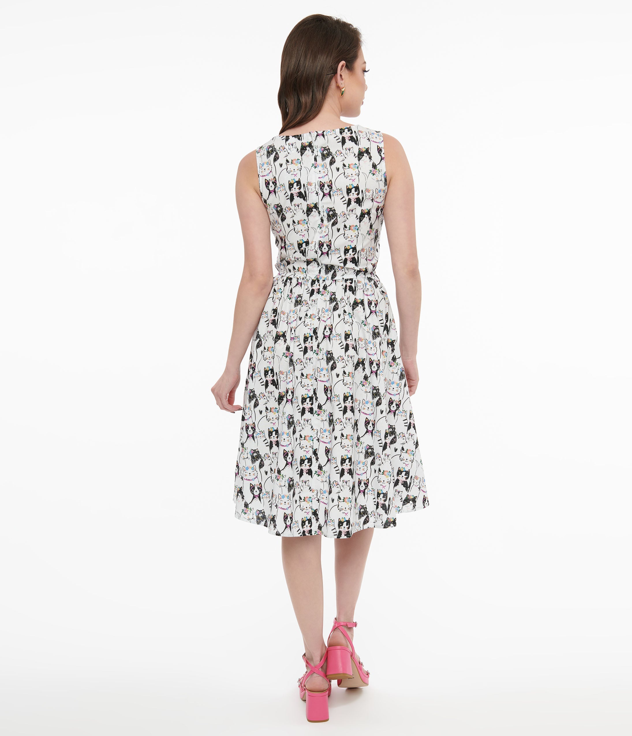 Retrolicious 1950s White Cat Party Crown Print Cotton Swing Dress