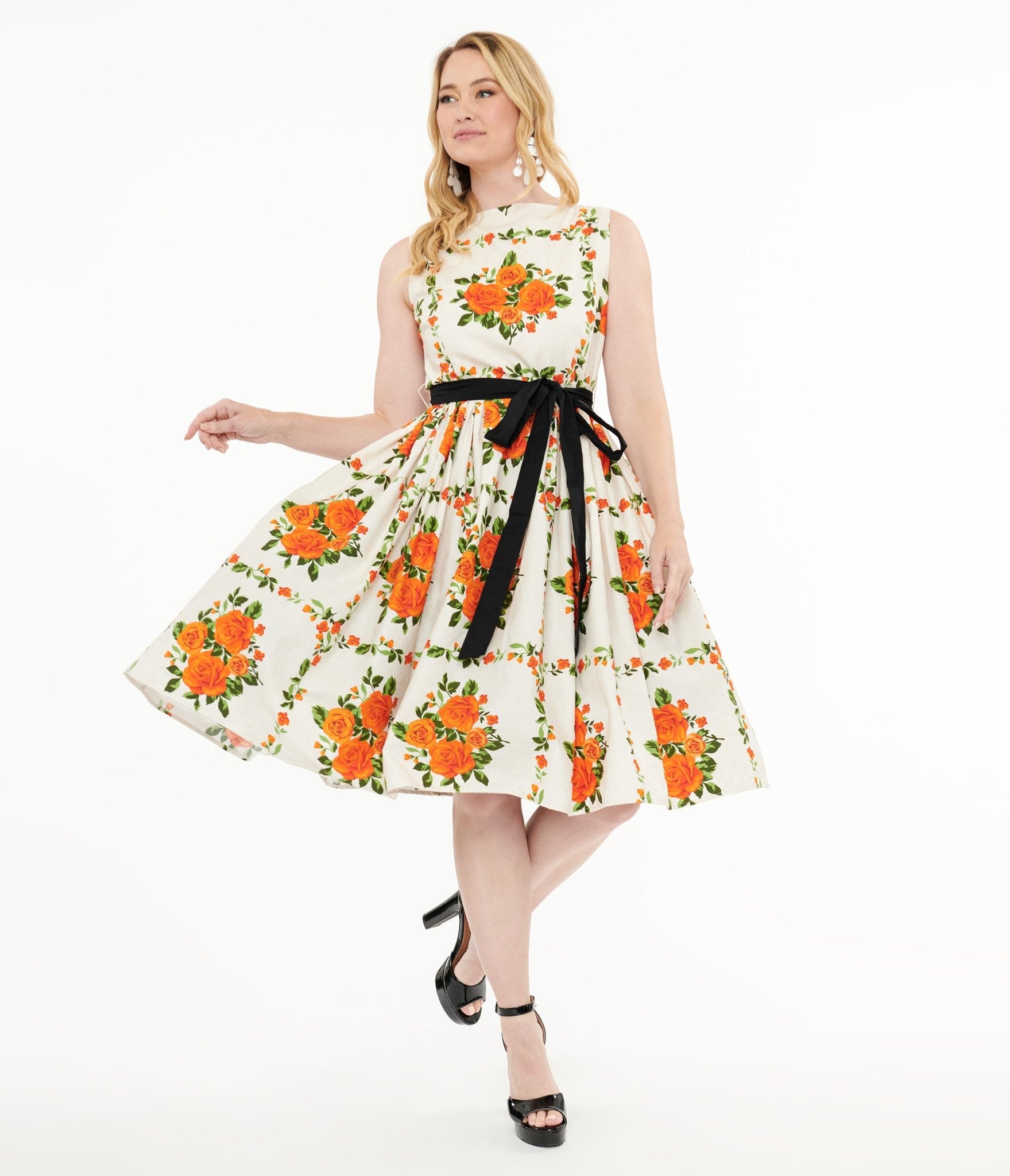 Unique Vintage 1950s Orange Fall Floral Sleeveless Swing Dress