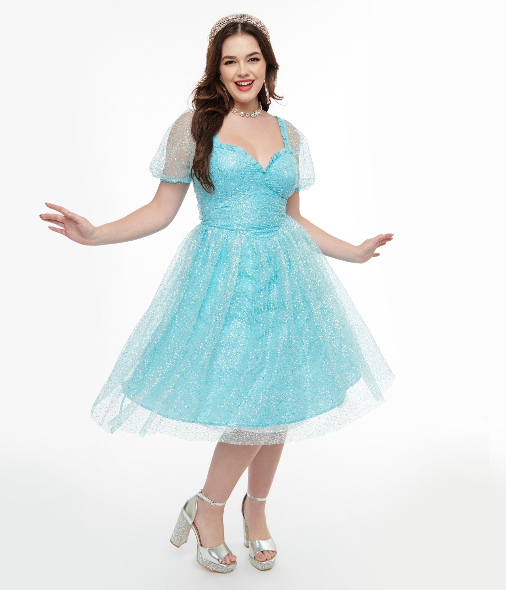 Disney Princess collection by Unique Vintage Blue Sequin Mesh Short Sleeve Cinderella Dress