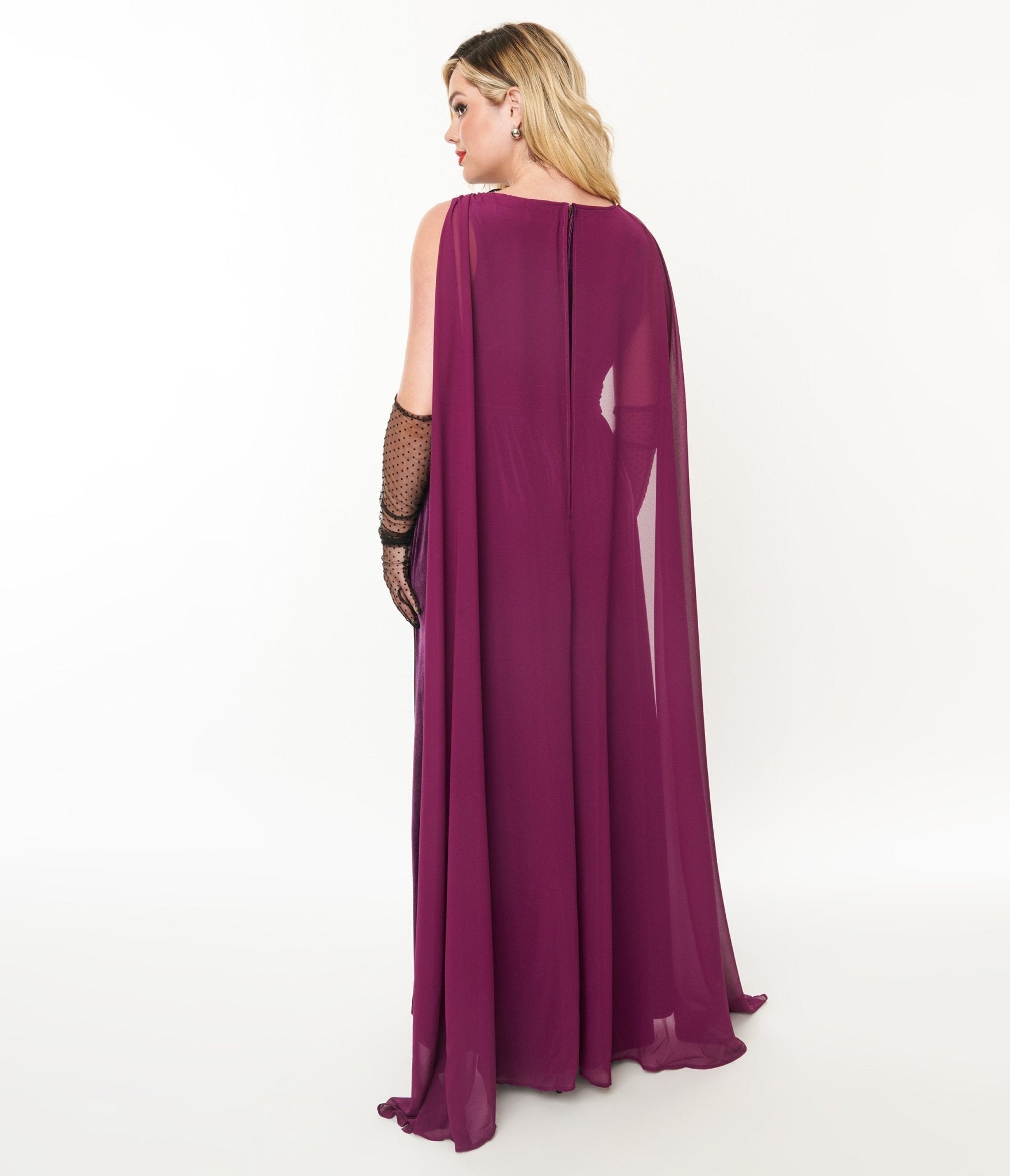 Unique Vintage Eggplant & Black Bat Velvet Cape Gown