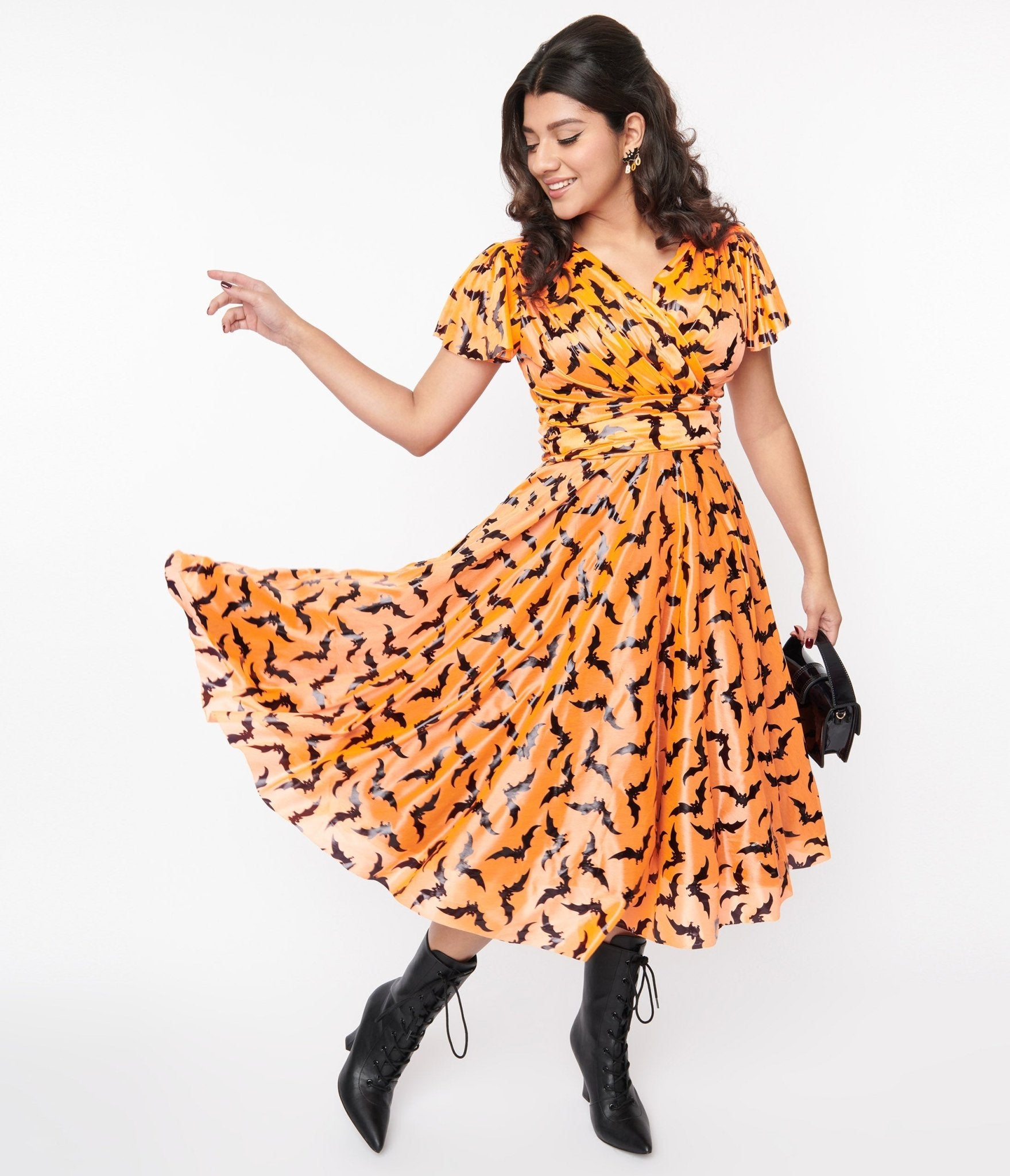 Orange & Black Bat Midori Swing Dress